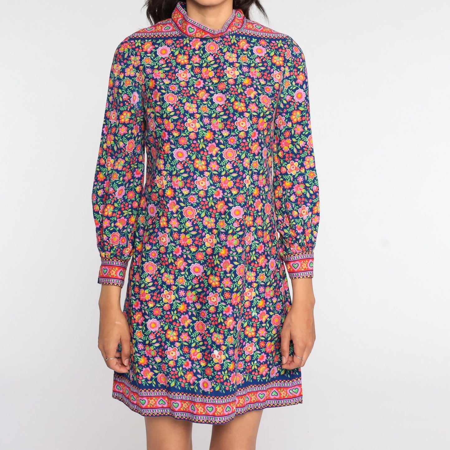 60s Psychedelic Floral Mini Shift Dress Balloon Sleeve Blue Purple Small