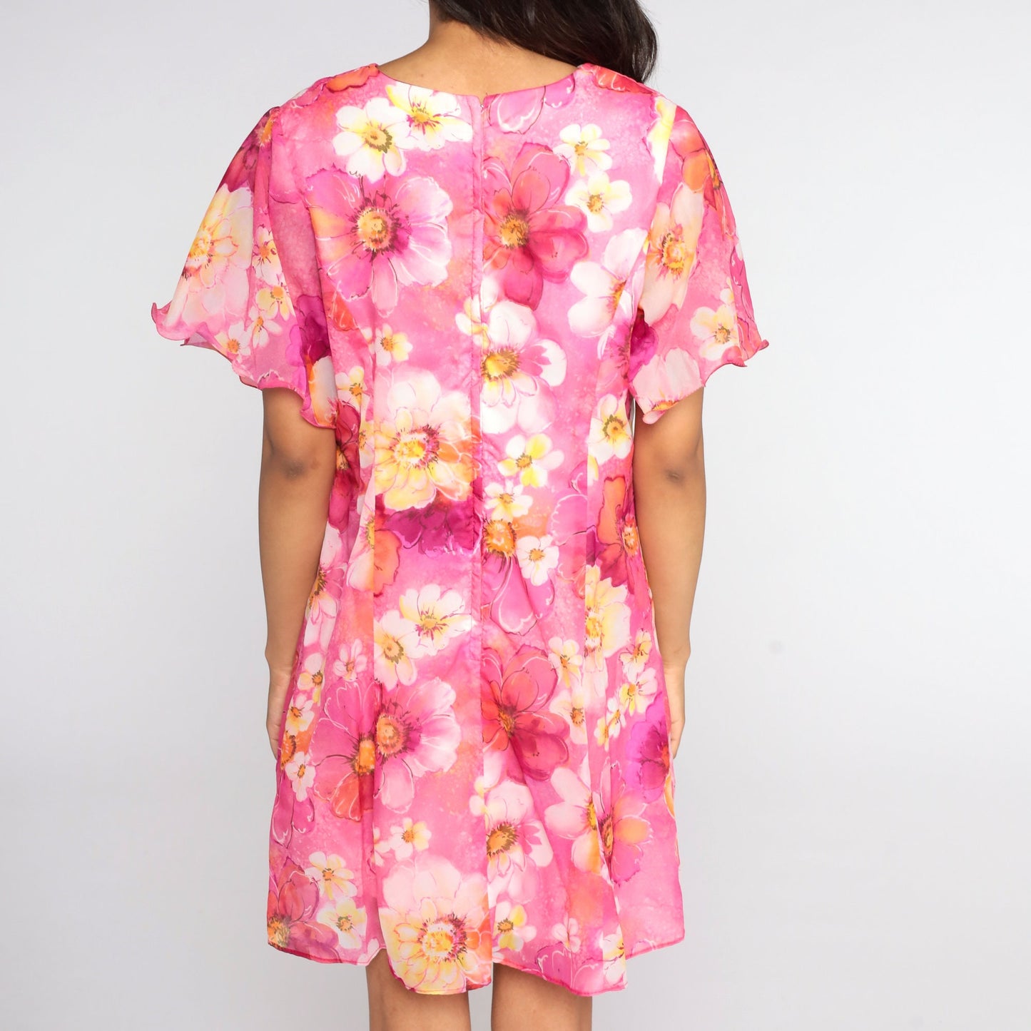 70s Pink Floral Mini Dress Flutter Sleeve Shift Dress Large 12