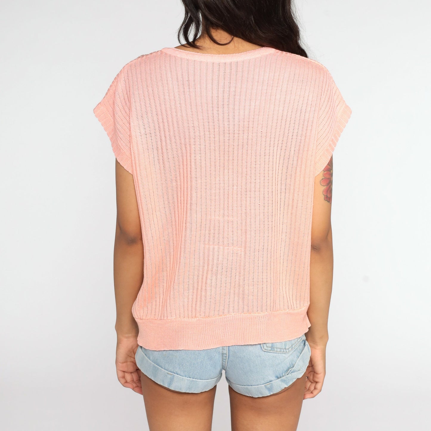 80s Peach Knit Sweater Top Short Sleeve Ribbed Slouchy Large