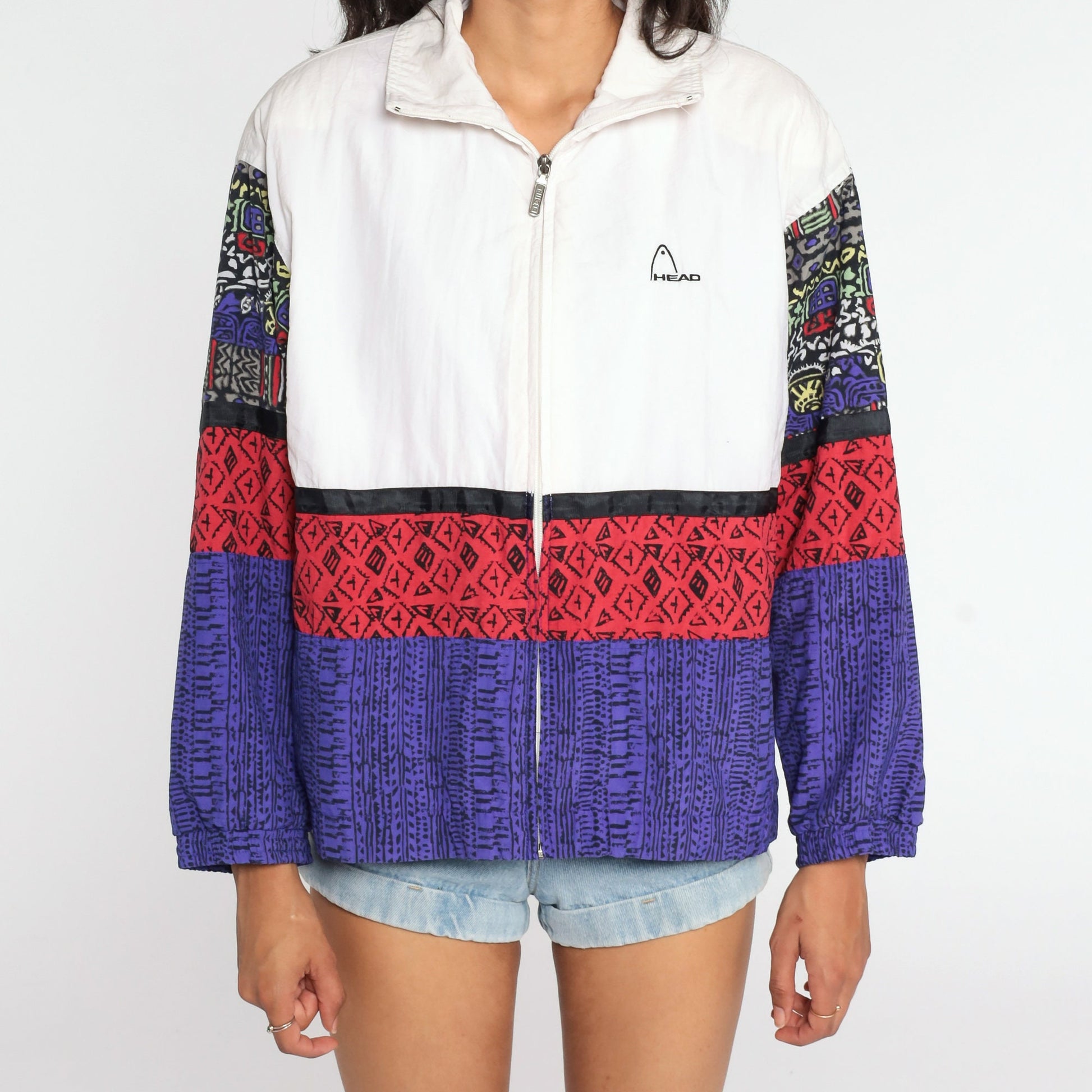 90s Head Colour Block Windbreaker Jacket White Red Purple Large