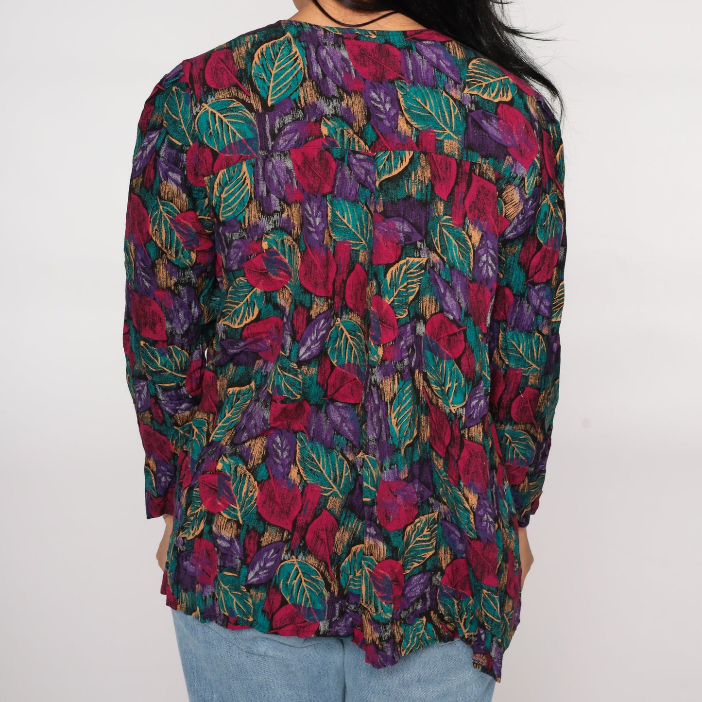 80s Leaf Print Button Up Shirt Purple Pink Rayon Blouse Large