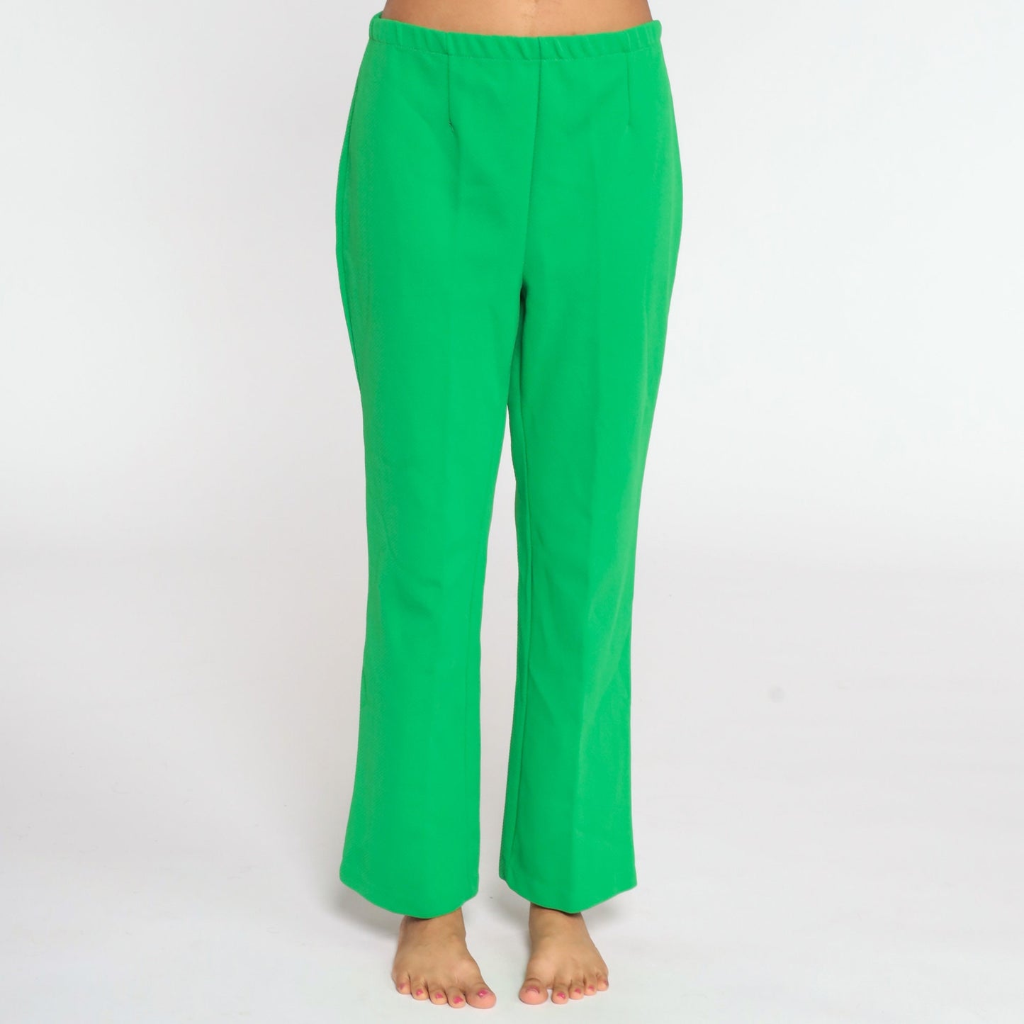 70s Green High Waist Bell Bottom Trousers Polyester Flared Medium Large