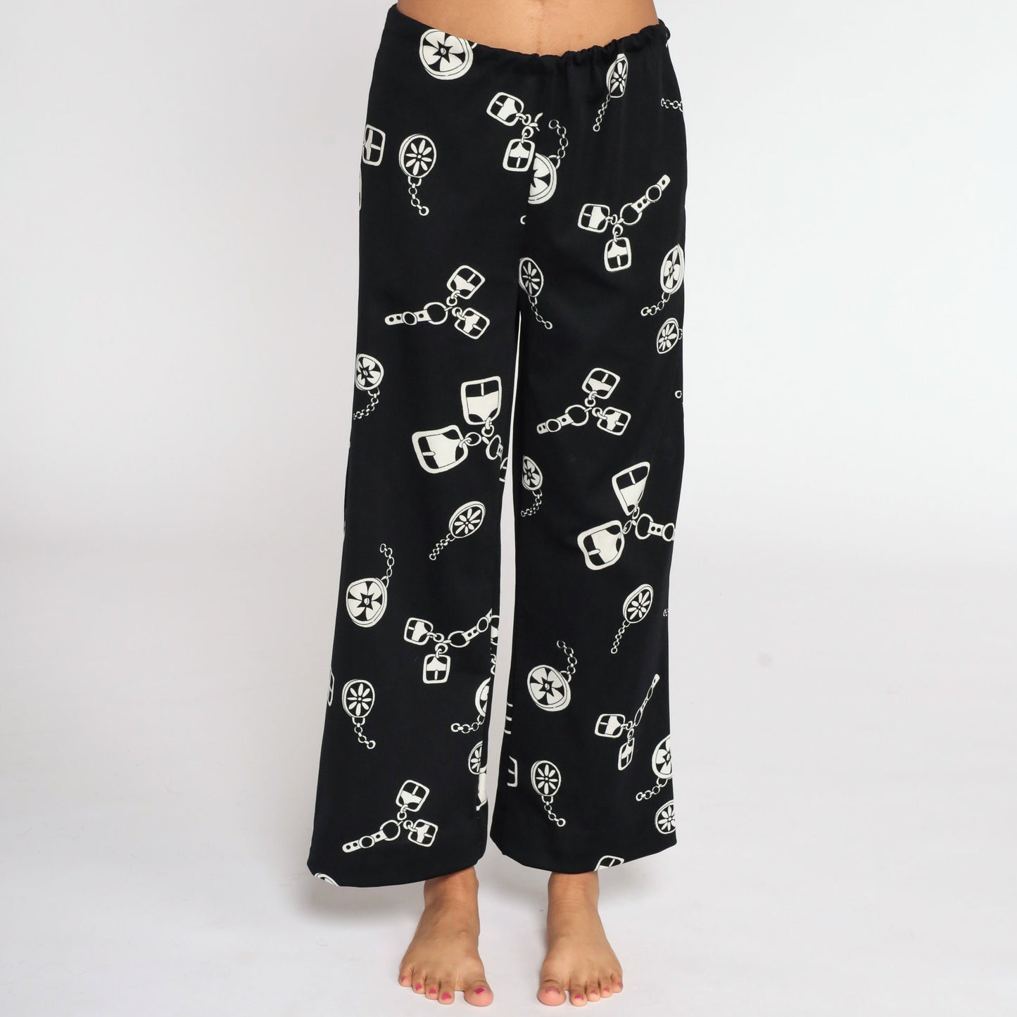 70s Black White Chain Print High Waist Bell Bottom Trousers Medium