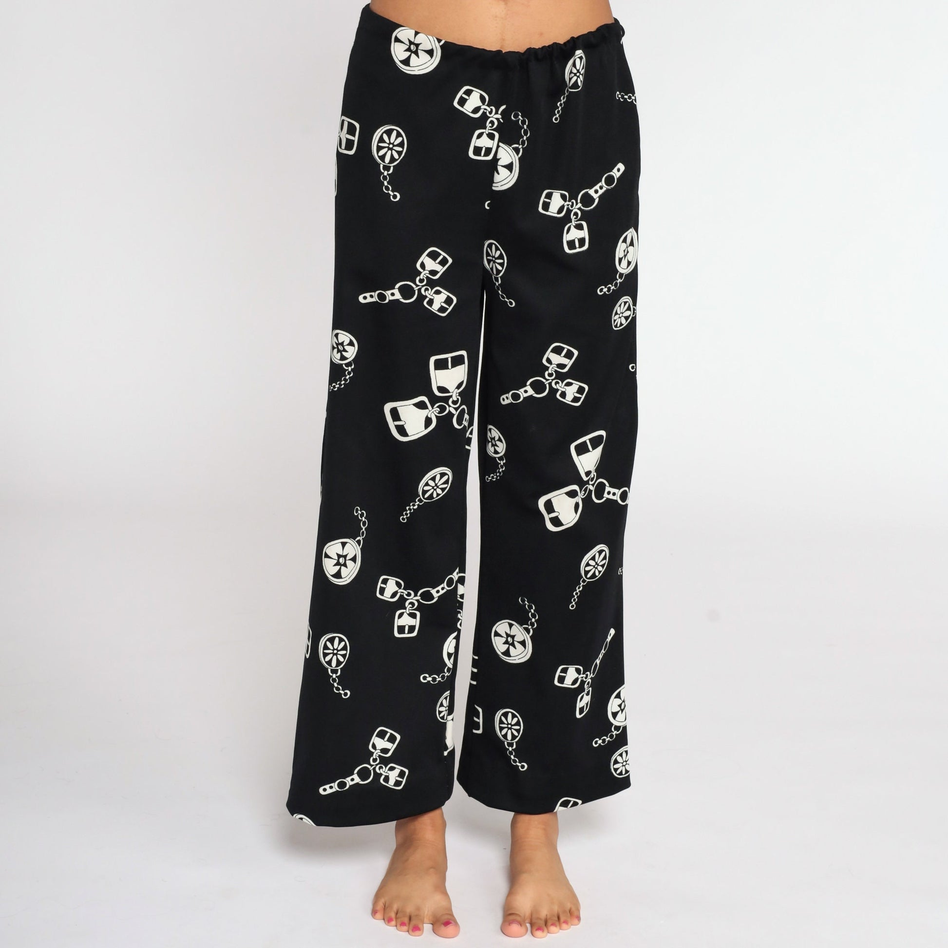 70s Black White Chain Print High Waist Bell Bottom Trousers Medium