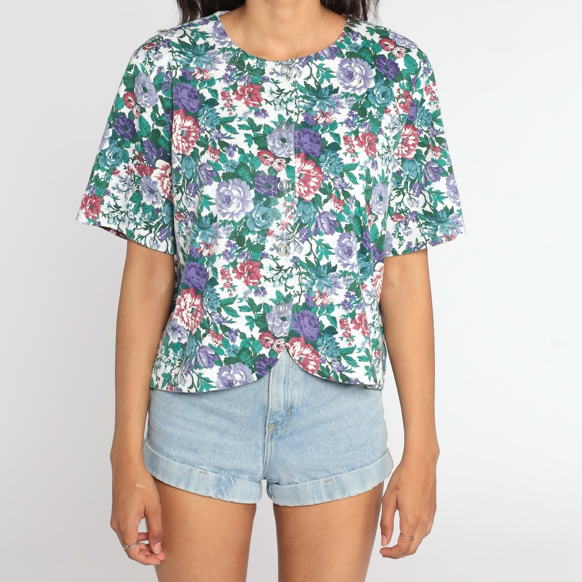 80s Floral Button-Up Blouse Short Sleeve Shirt Cotton Blend Large L