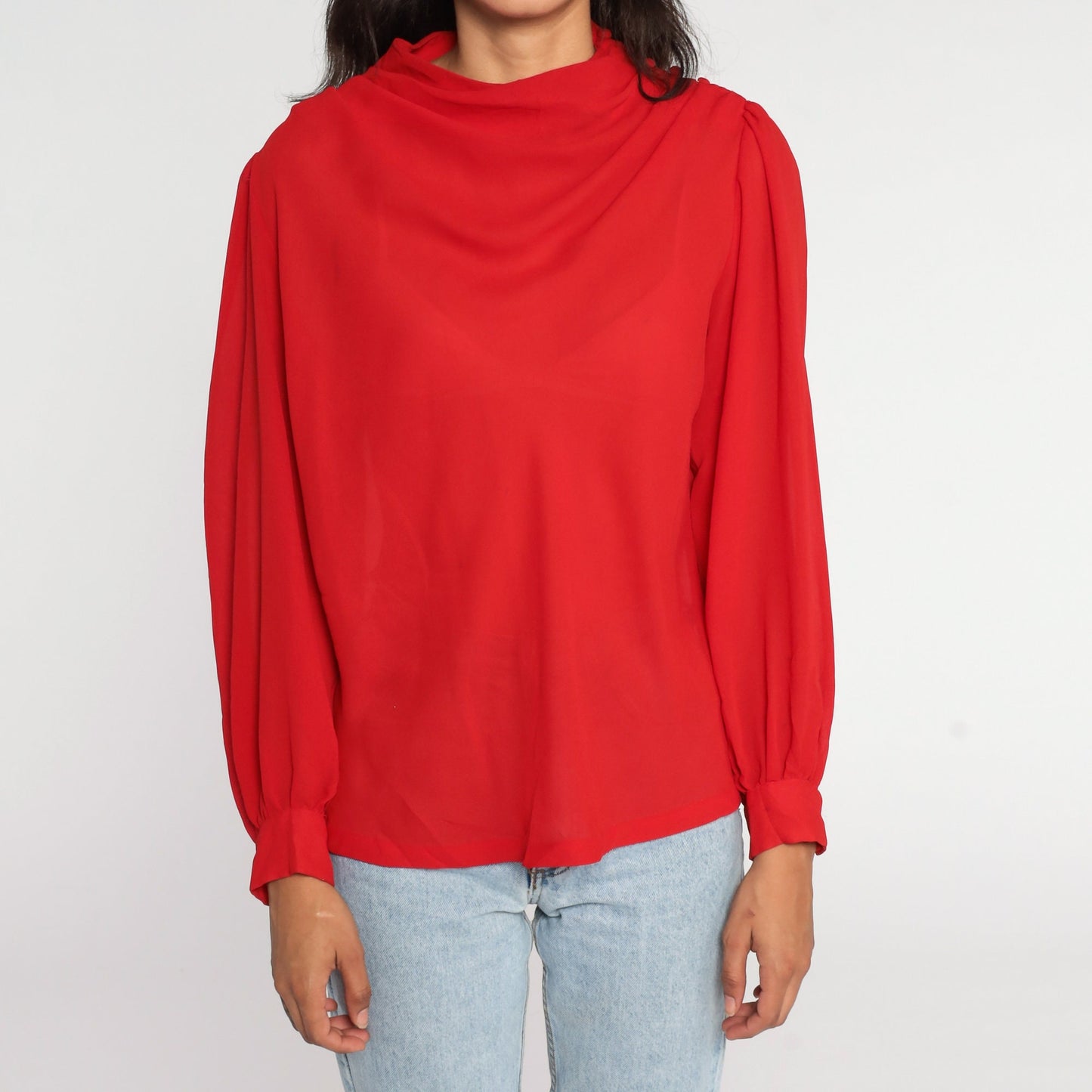 80s Red Sheer Cowl Neck Blouse Puff Sleeve Party Top Large L