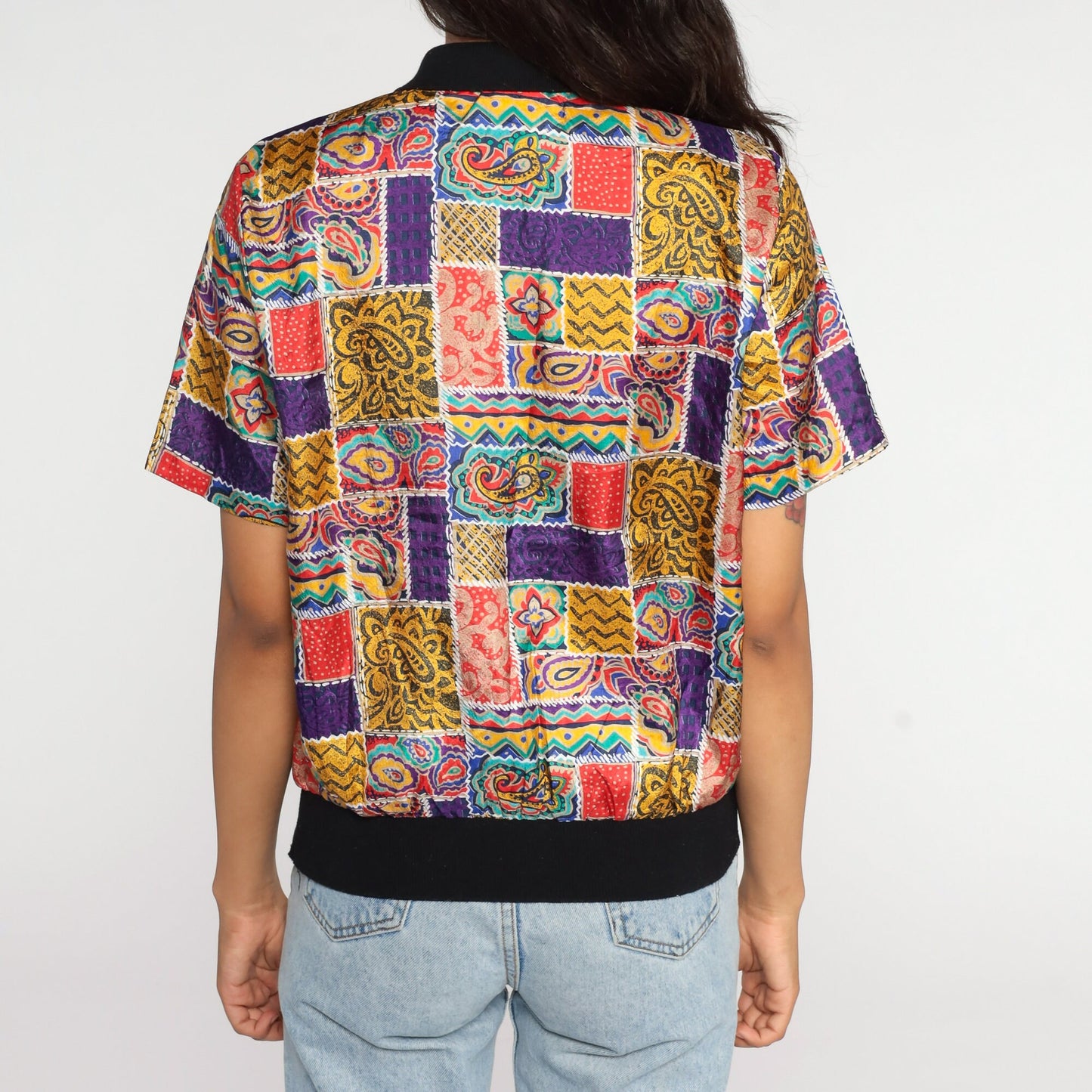 90s Paisley Print Button-Up Shirt Short Sleeve Blouse Medium