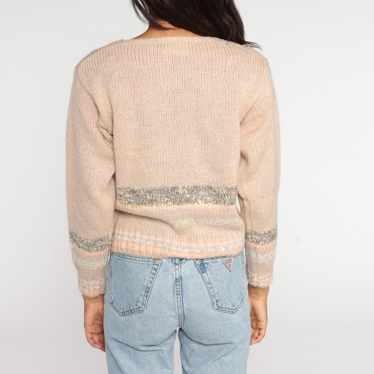 80s Patchwork Floral Embroidered Sweater Peach Wool Blend Small
