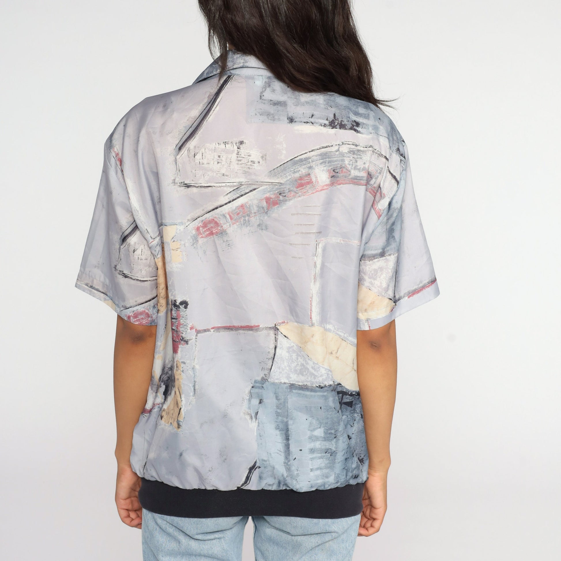 80s Abstract Brushstroke Button-Up Shirt Grey Polyester Blouse Large