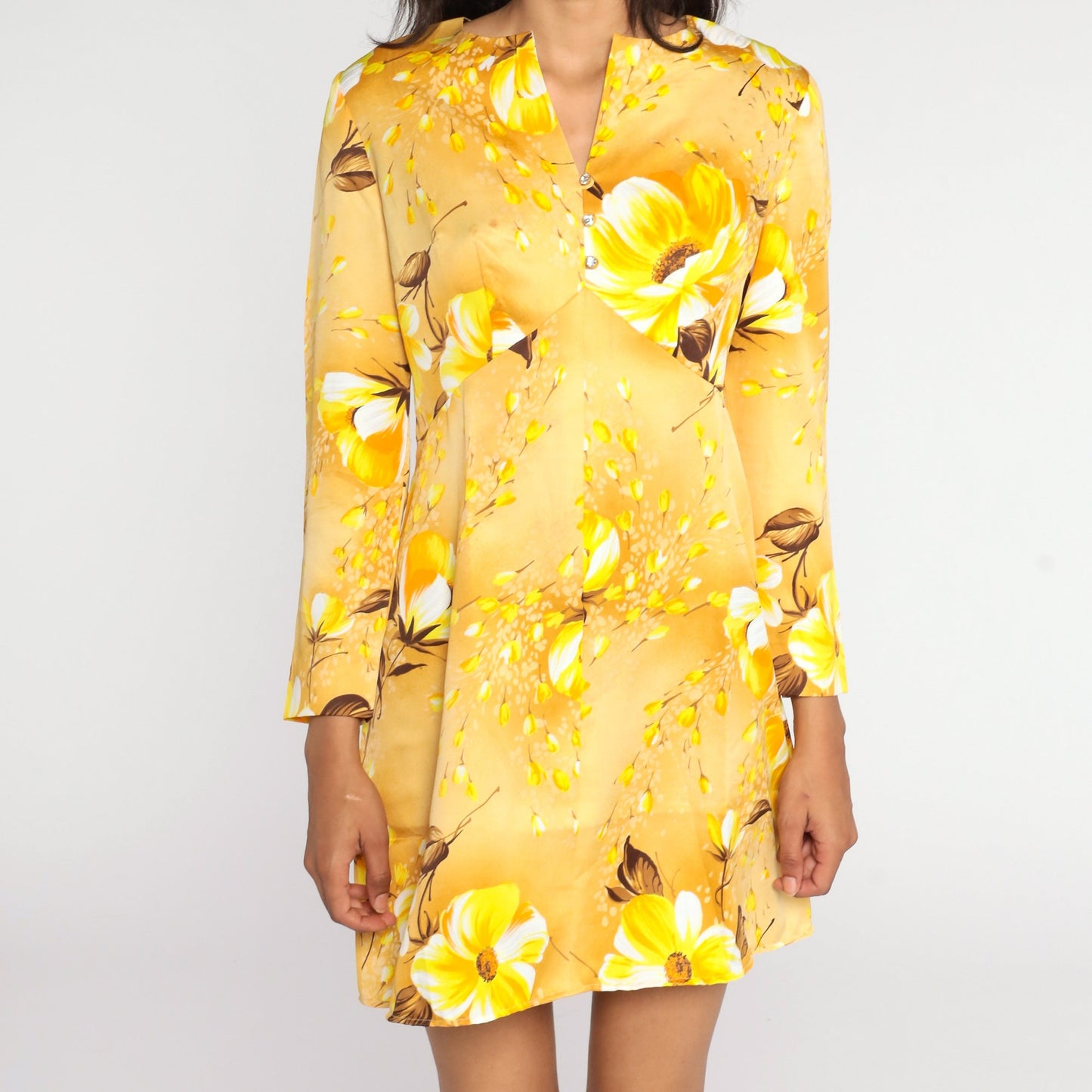 60s Yellow Floral Babydoll Dress Empire Waist Mini Long Sleeve Medium