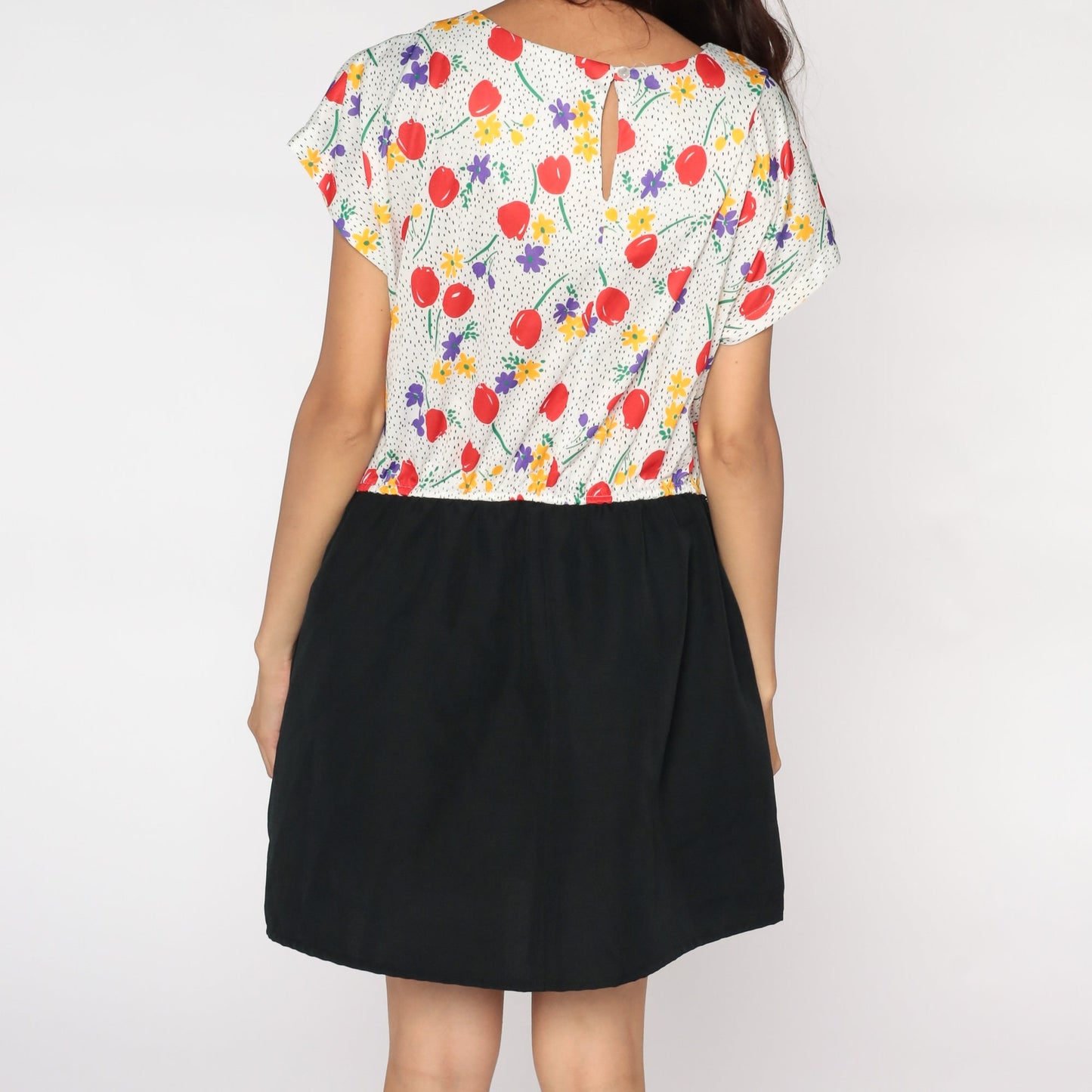 70s Floral Mini Dress White Bodice Black Skirt High Waist Wool Cap Sleeve Extra Large