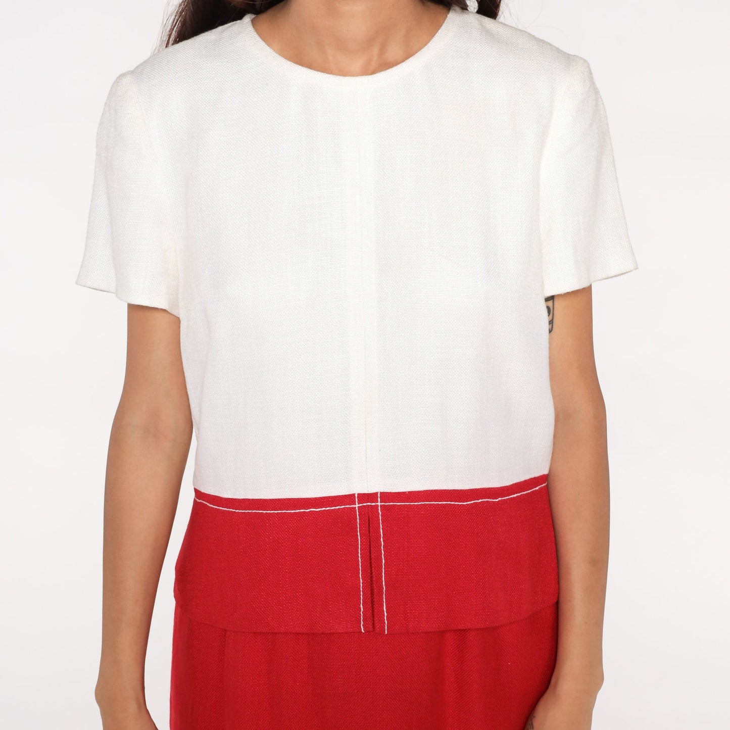 80s Red White Colour Block Pencil Dress High Waist Mini Short Sleeve Medium
