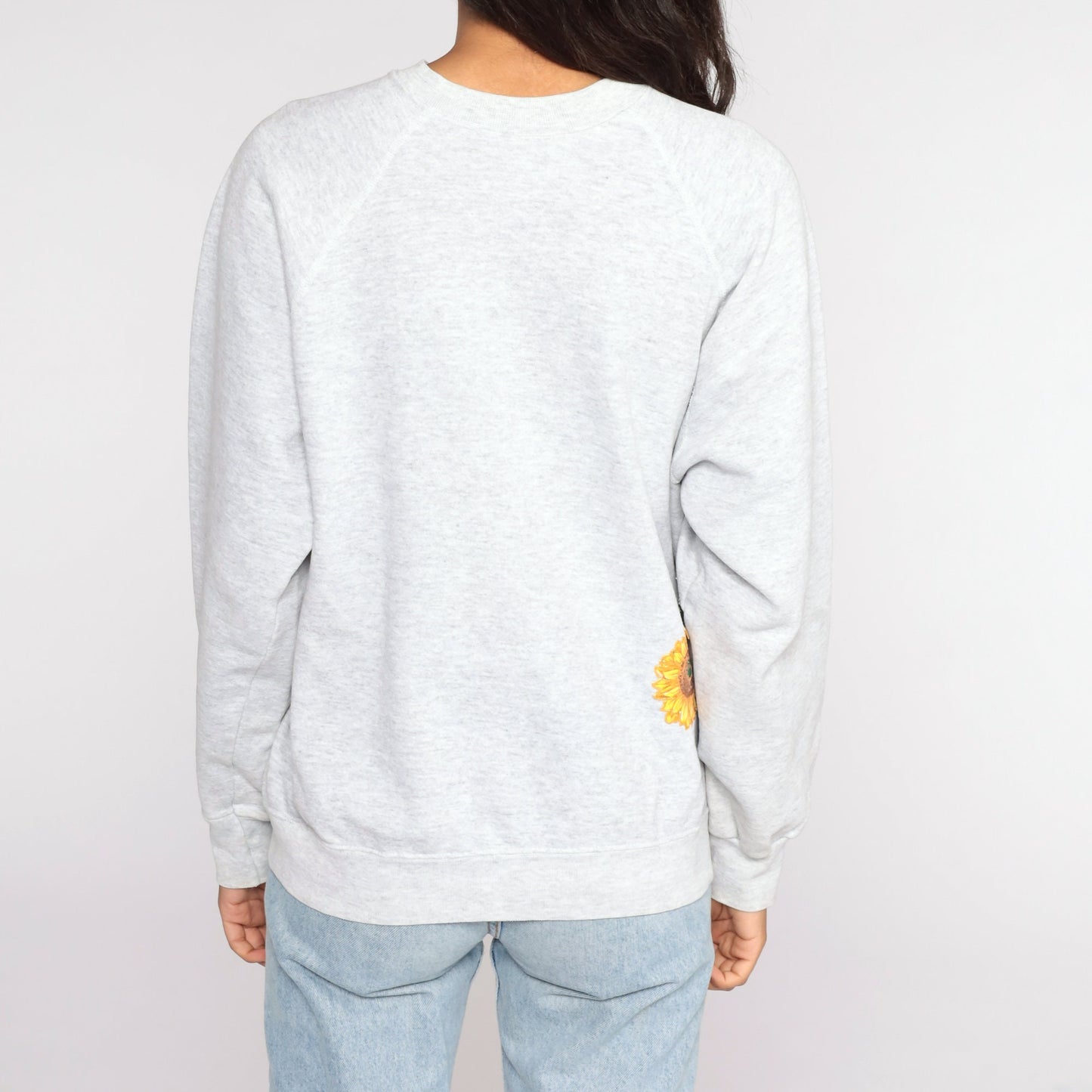90s Sunflower Sweatshirt Grey Floral Raglan Graphic Pullover Large L