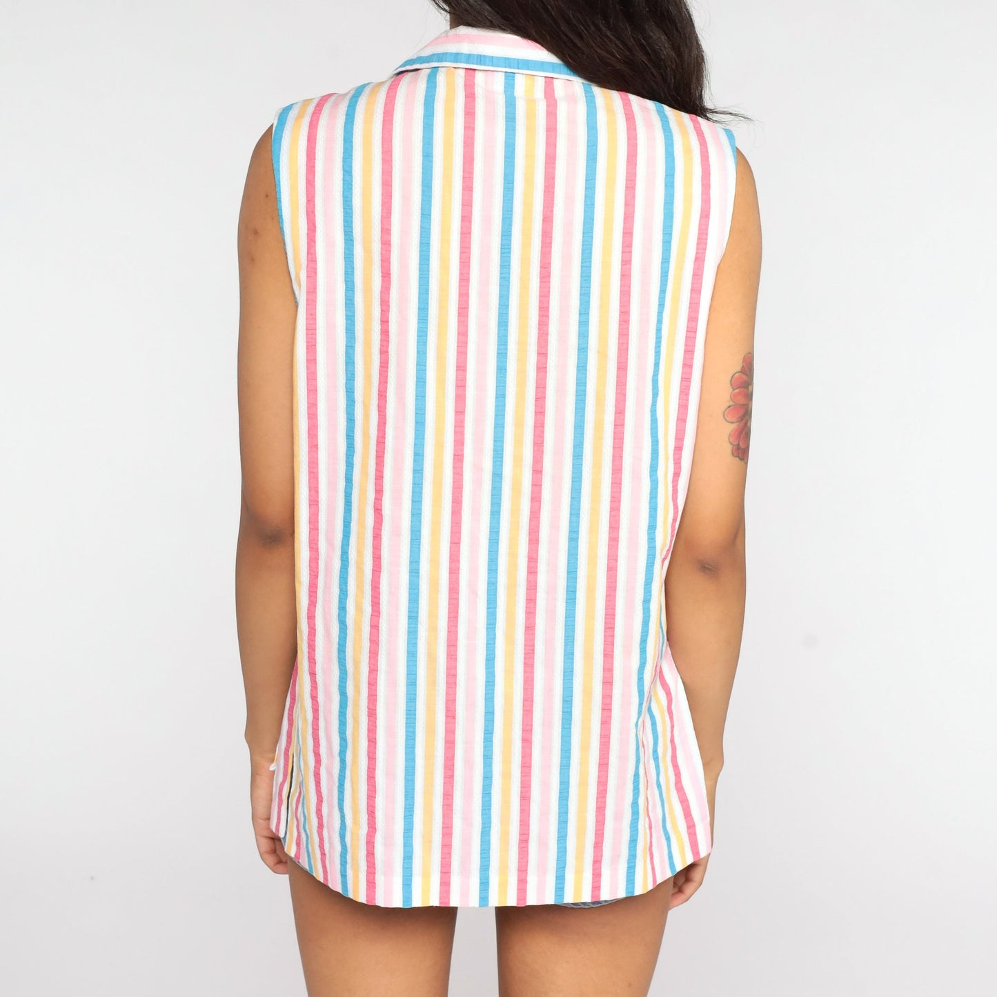 70s Rainbow Striped Button-Up Tank Top Sleeveless Blouse Medium Large