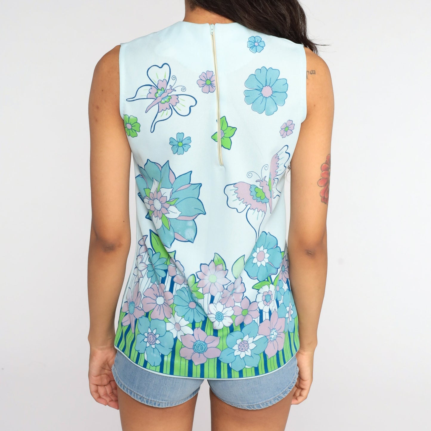 70s Butterfly Floral Tank Top Blue Psychedelic Sleeveless Blouse Small