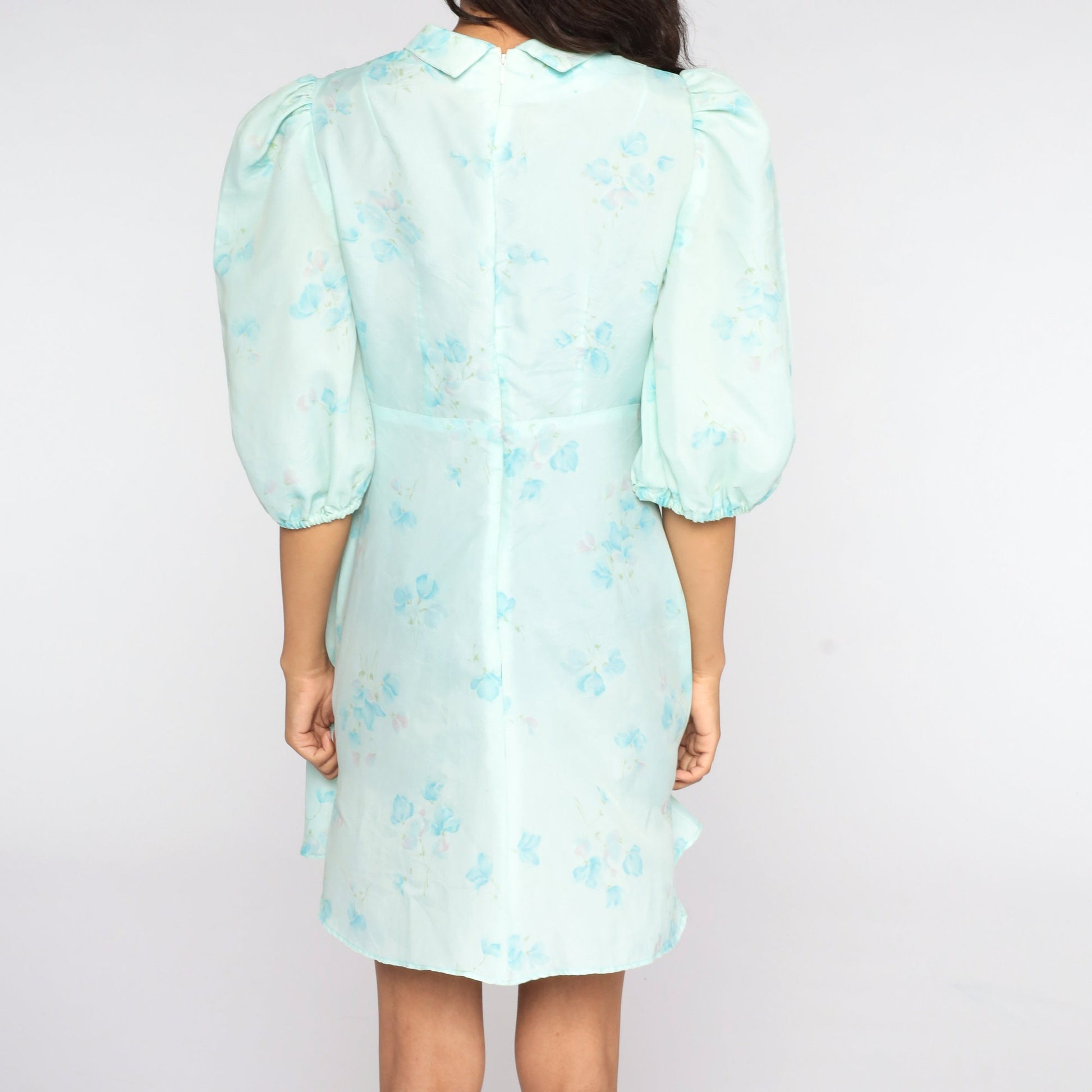 70s Floral Babydoll Dress Puff Sleeve Empire Waist Mini Blue Small