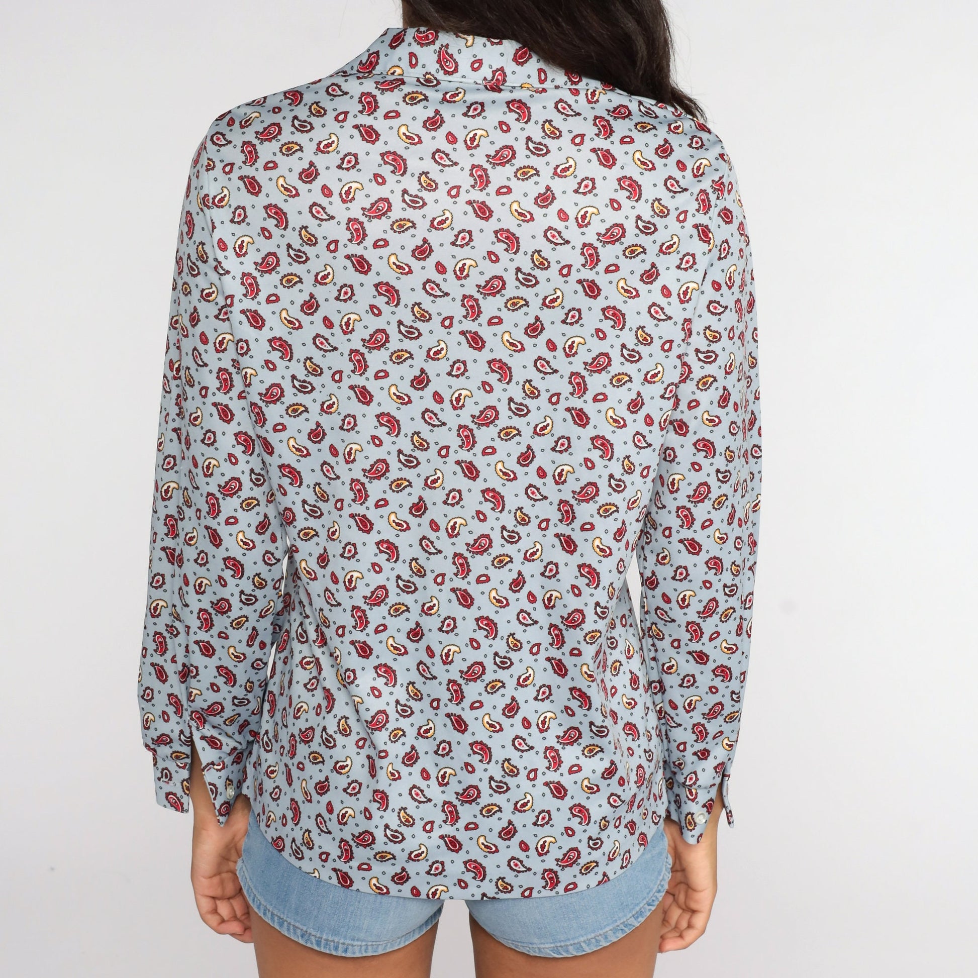 70s Paisley Print Blouse Blue Long Sleeve Button Up Medium
