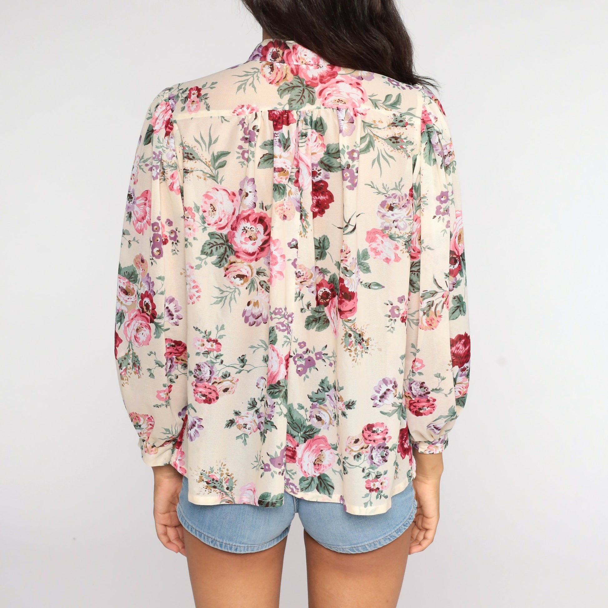 80s Floral Keyhole Blouse Puff Sleeve Semi-Sheer Medium