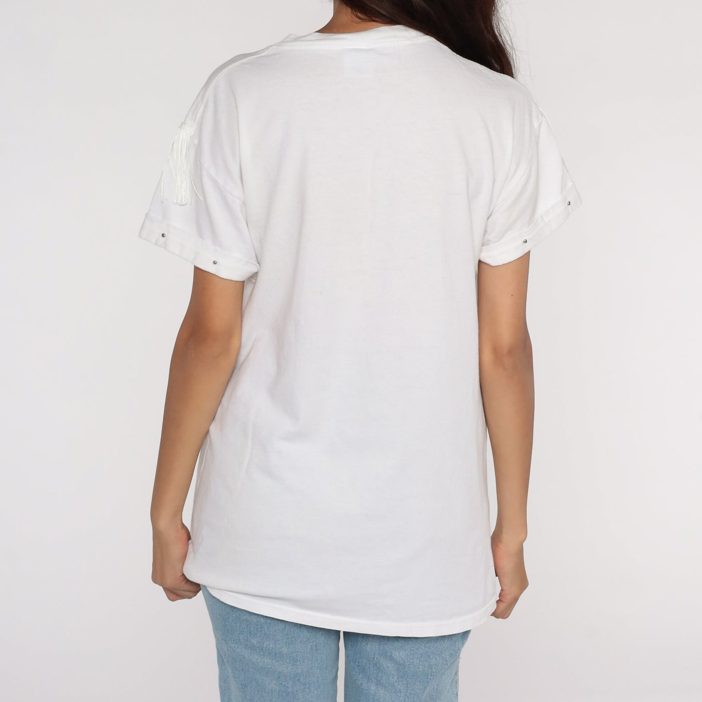 90s Southwest Studded Fringe Cotton T-Shirt White Graphic Tee Medium