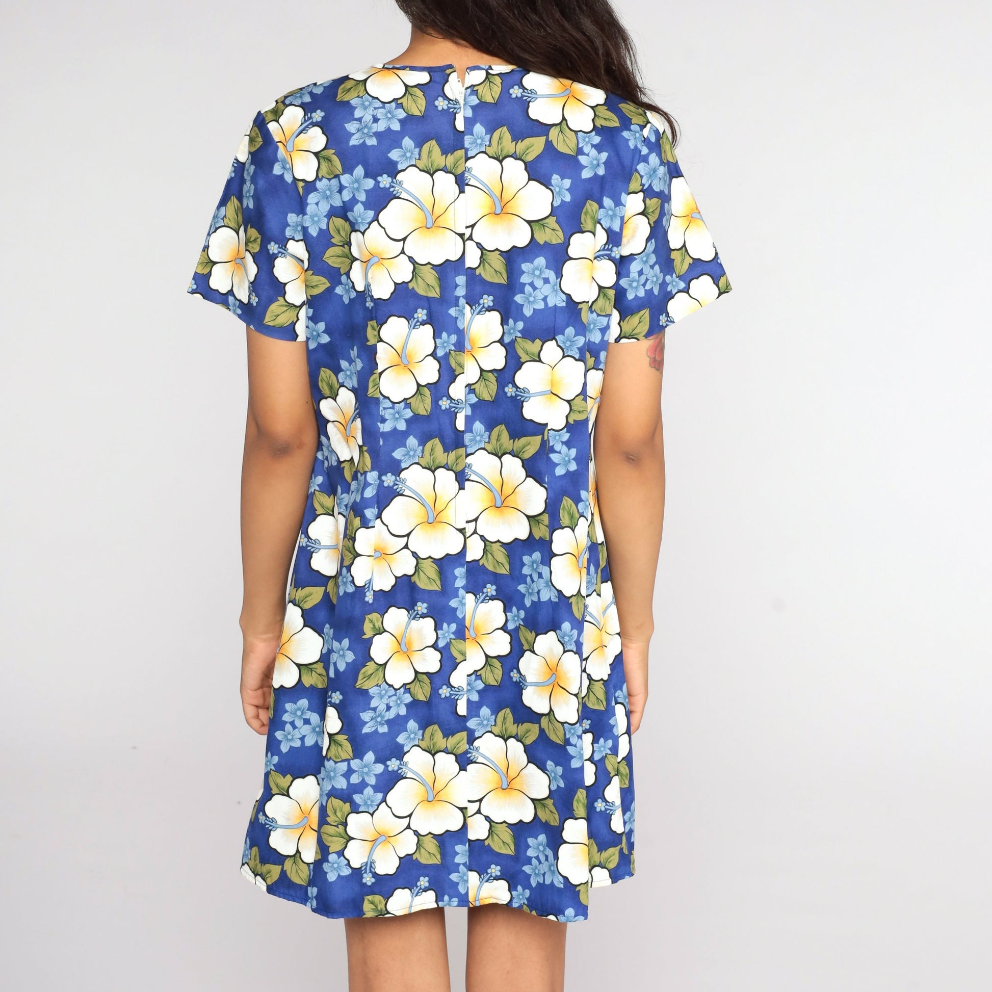 90s Floral Tropical Mini Dress Hibiscus Print Shift Blue Small