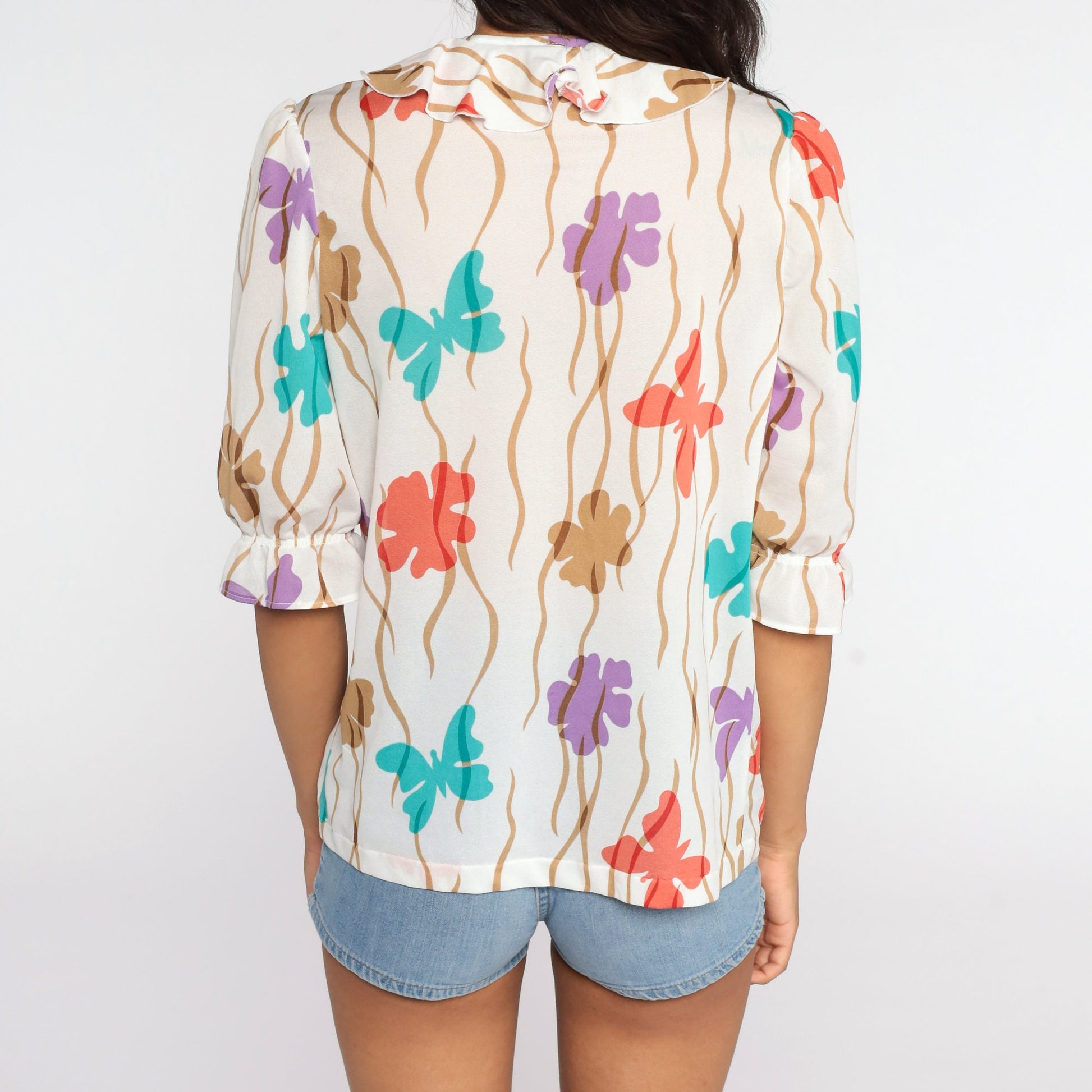 70s Butterfly Print Puff Sleeve Blouse Ruffle Neck Button Up Medium