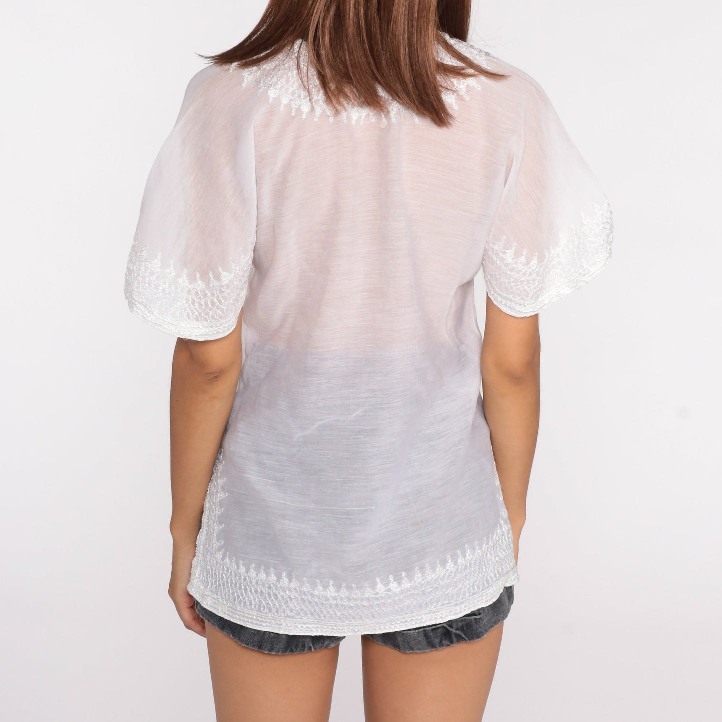 00s Sheer White Embroidered Floral Blouse Short Sleeve Top Small S