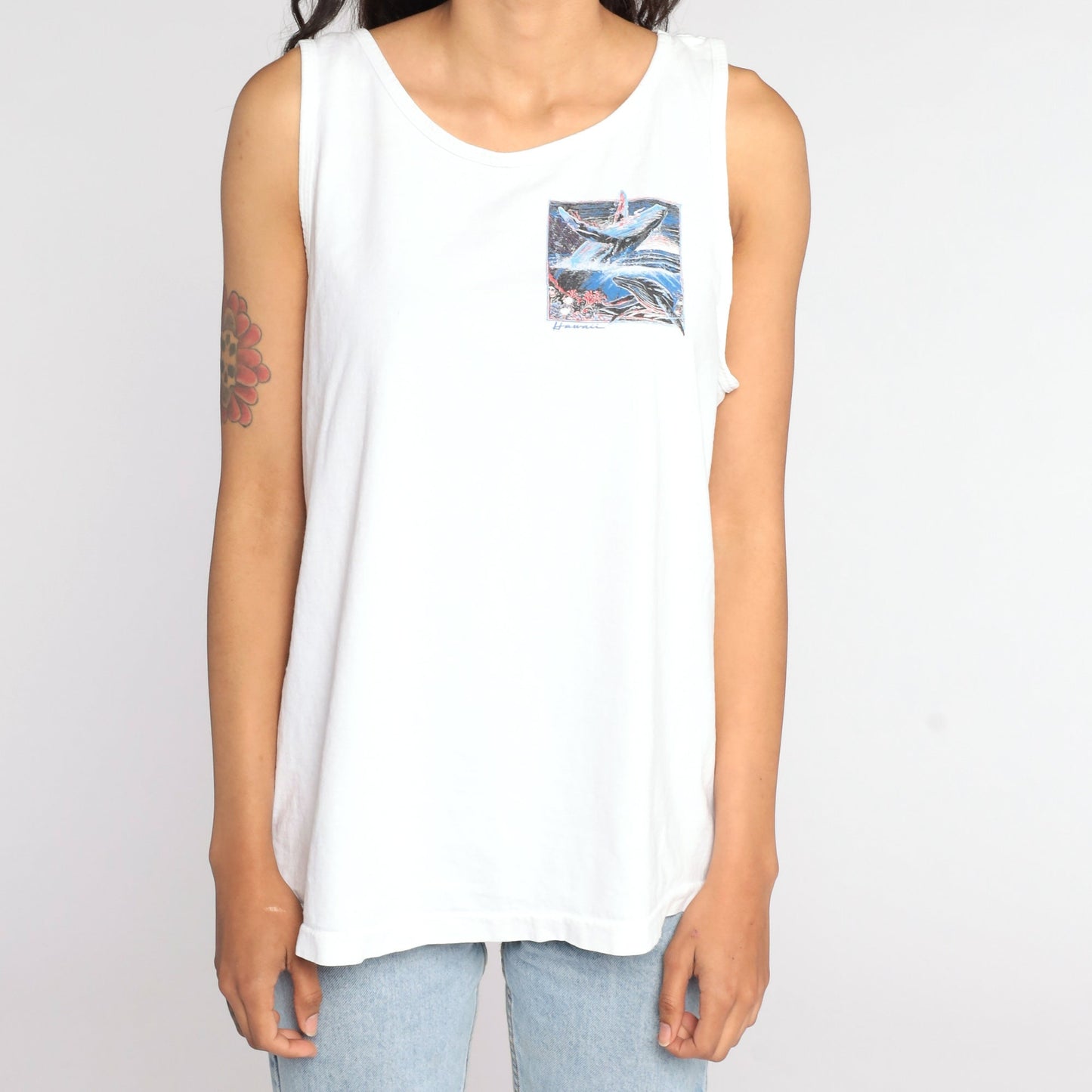 90s Maui Whale Watchers Association Tank Top Graphic Sleeveless Tee White Large