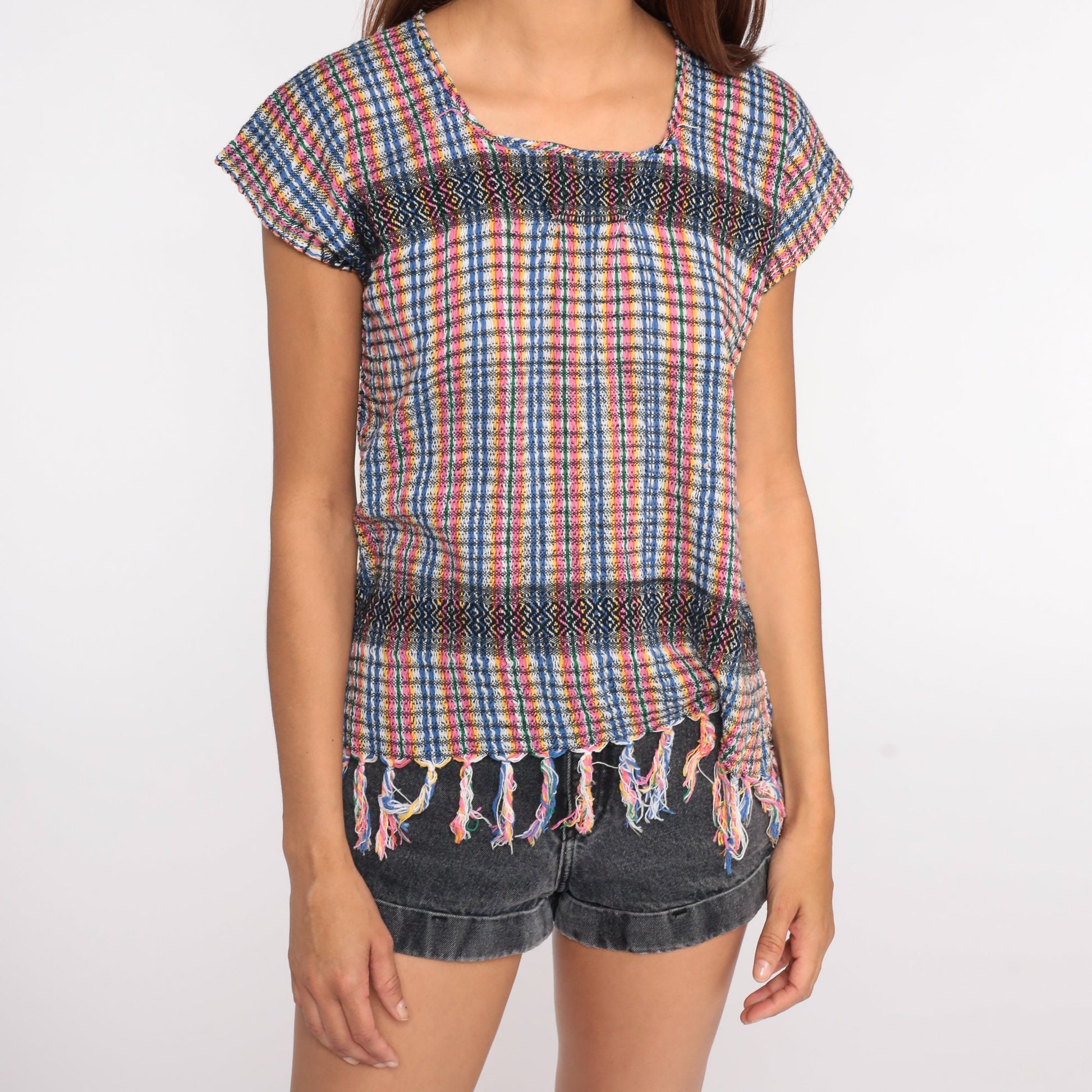 90s Striped Fringe Tunic Top Cotton Blend Short Sleeve Small