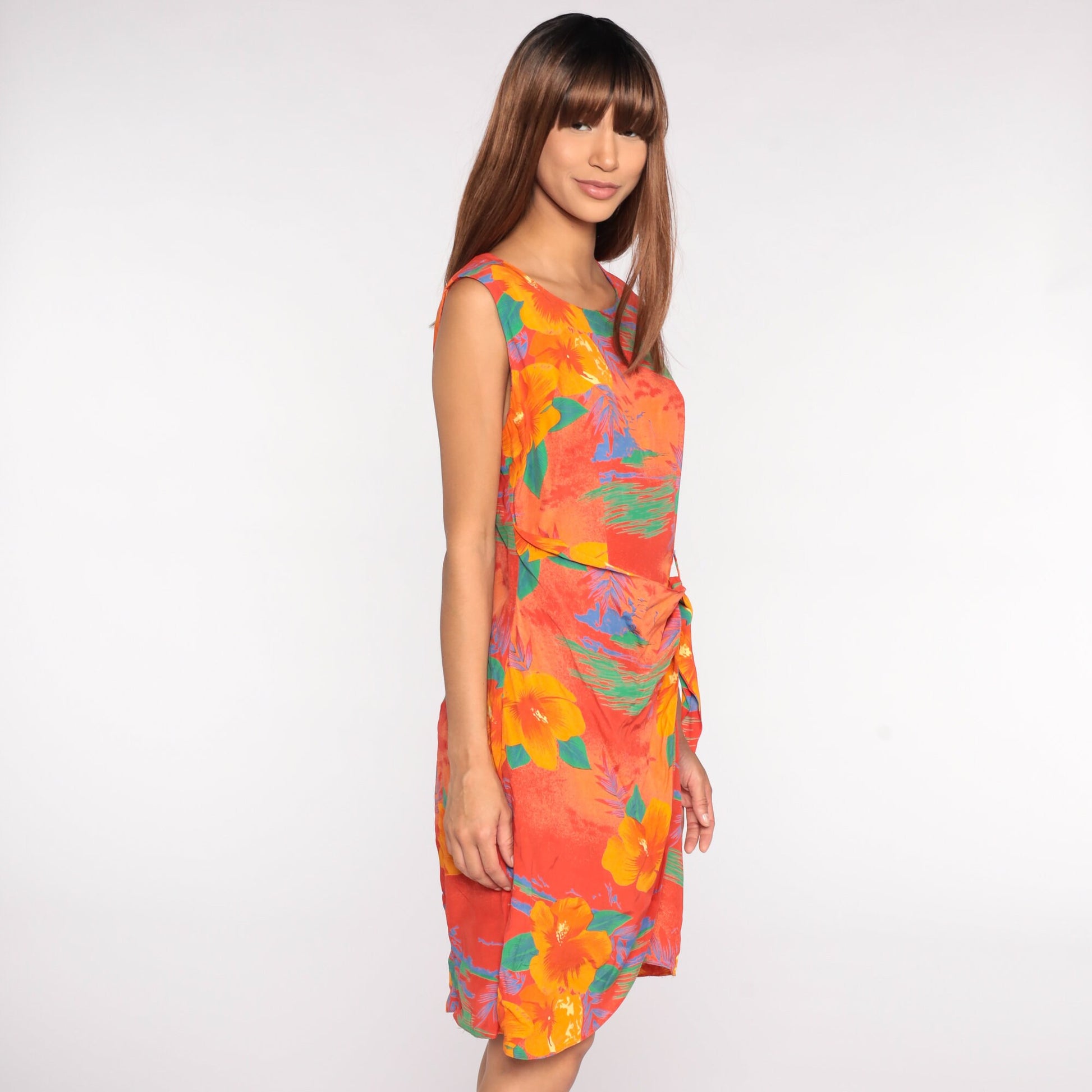 80s Tropical Floral Mini Wrap Dress Orange Short Sleeve Medium