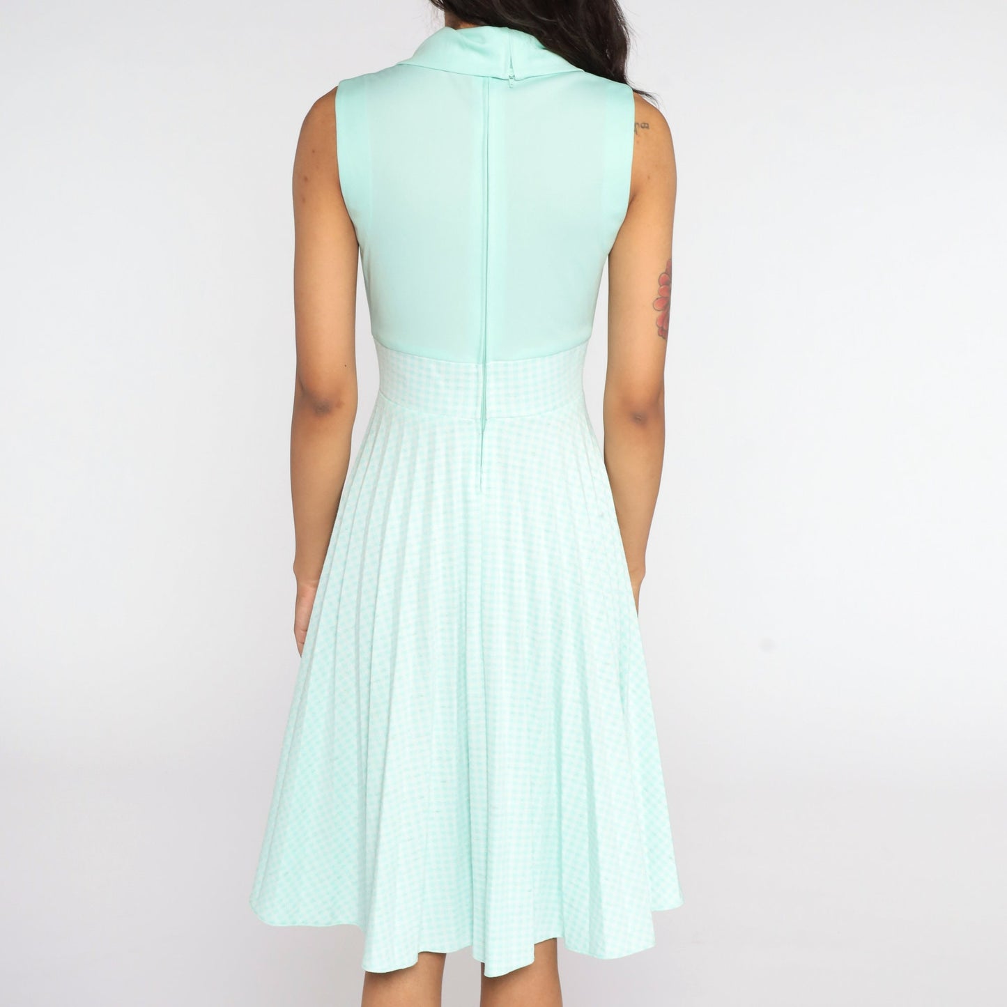 70s Mint Gingham Empire Waist Dress Cowl Neck Pleated Sleeveless Small