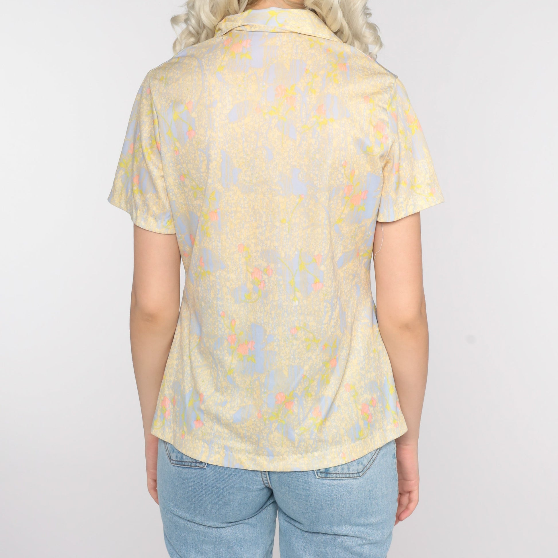 70s Abstract Floral Print Button-Up Blouse Yellow Purple Short Sleeve Small