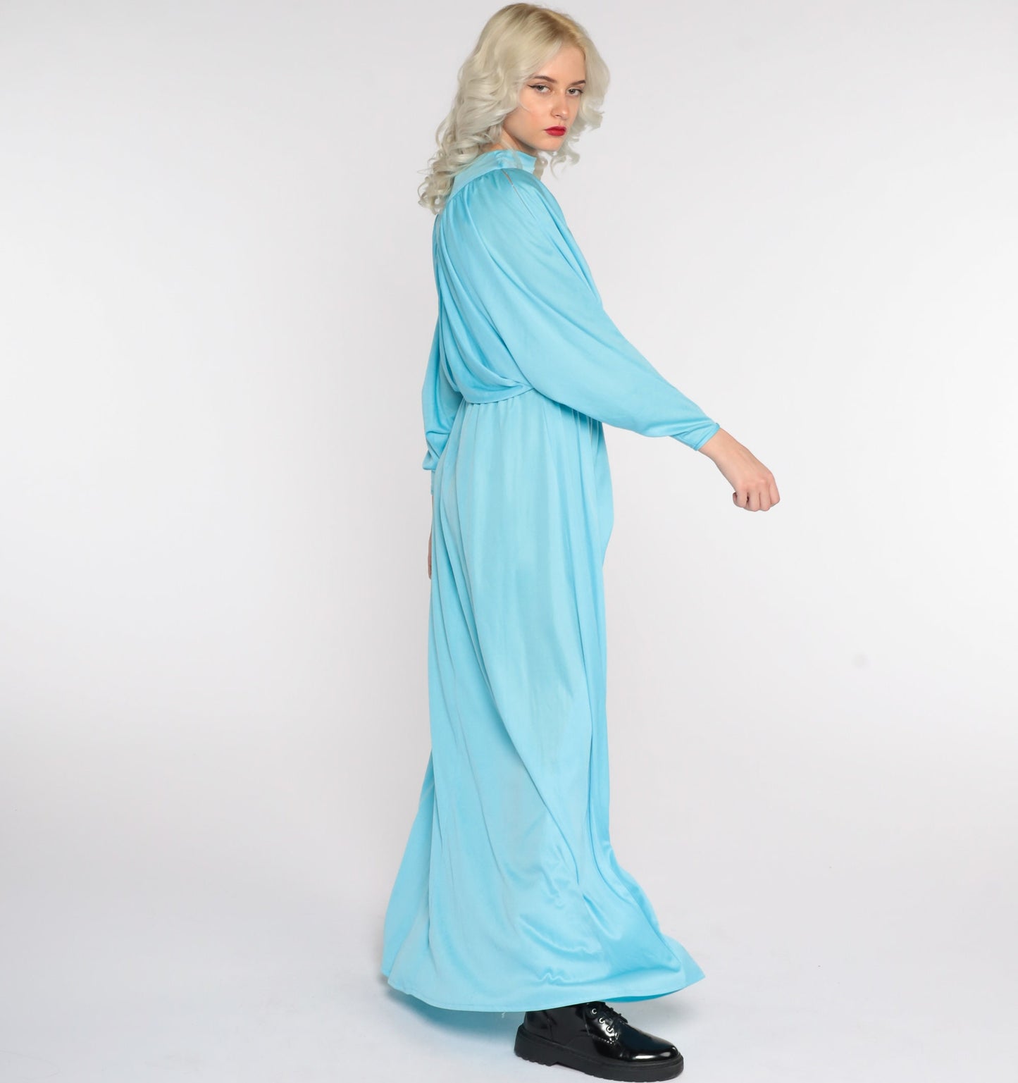 70s Blue Maxi Dress Split Sleeve Blouson Bodice Grecian Small Medium