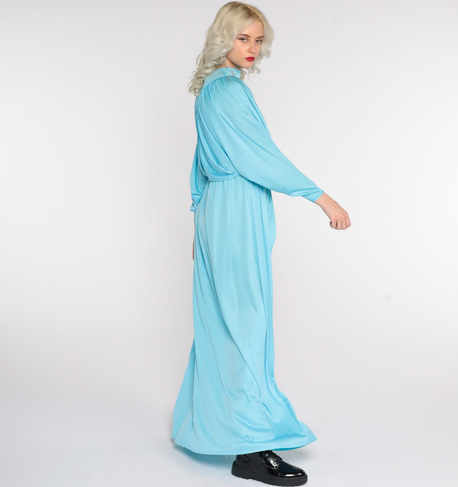 70s Blue Maxi Dress Split Sleeve Blouson Bodice Grecian Small Medium