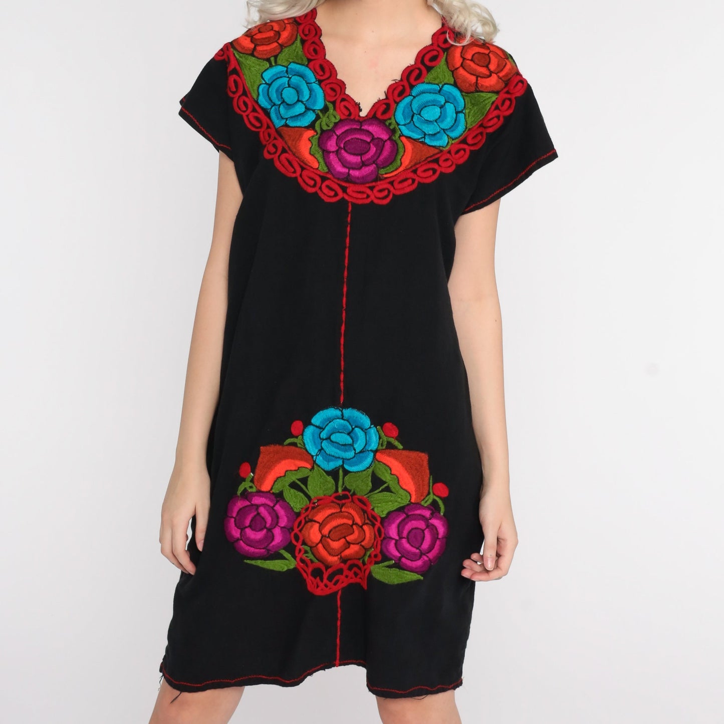 80s Black Cotton Mexican Tunic Dress Floral Embroidery Medium