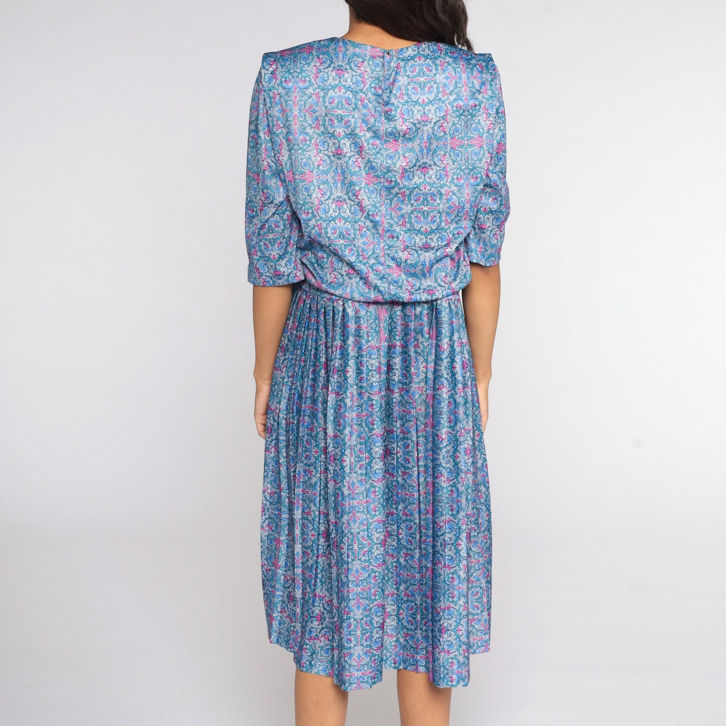80s Blue Geometric Pleated Secretary Dress High Waist Midi 3/4 Sleeve Extra Large