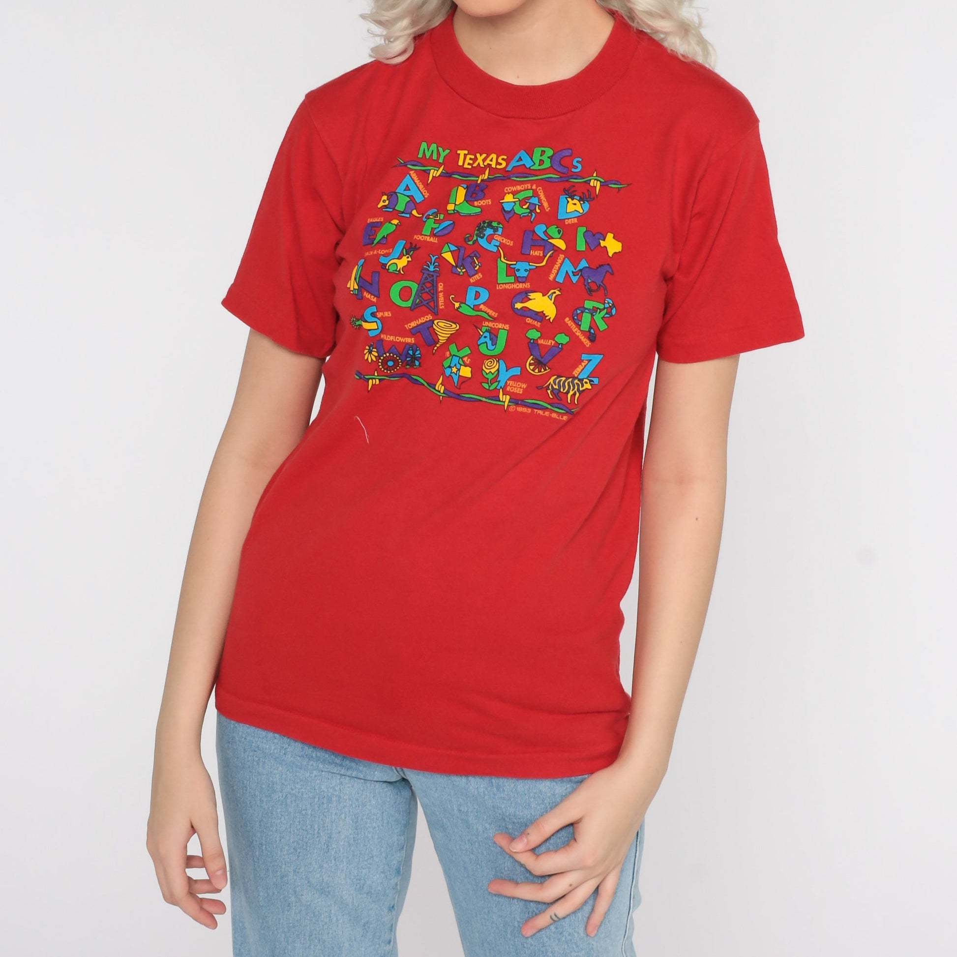 90s Texas ABCs Graphic T-Shirt Red Cotton Tee Extra Small XS