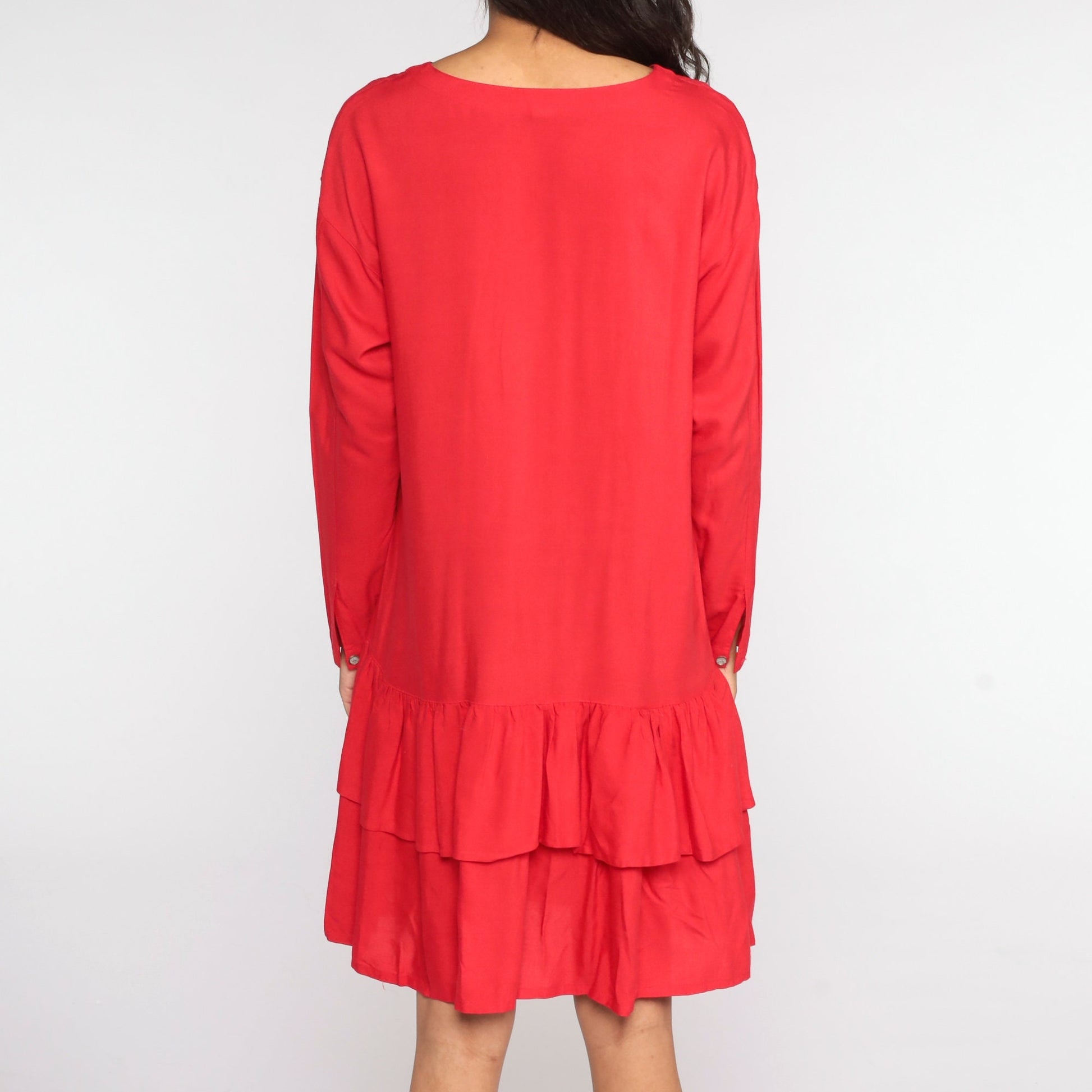 80s Red Tiered Midi Dress Drop Waist Shift Flounce Long Sleeve Medium