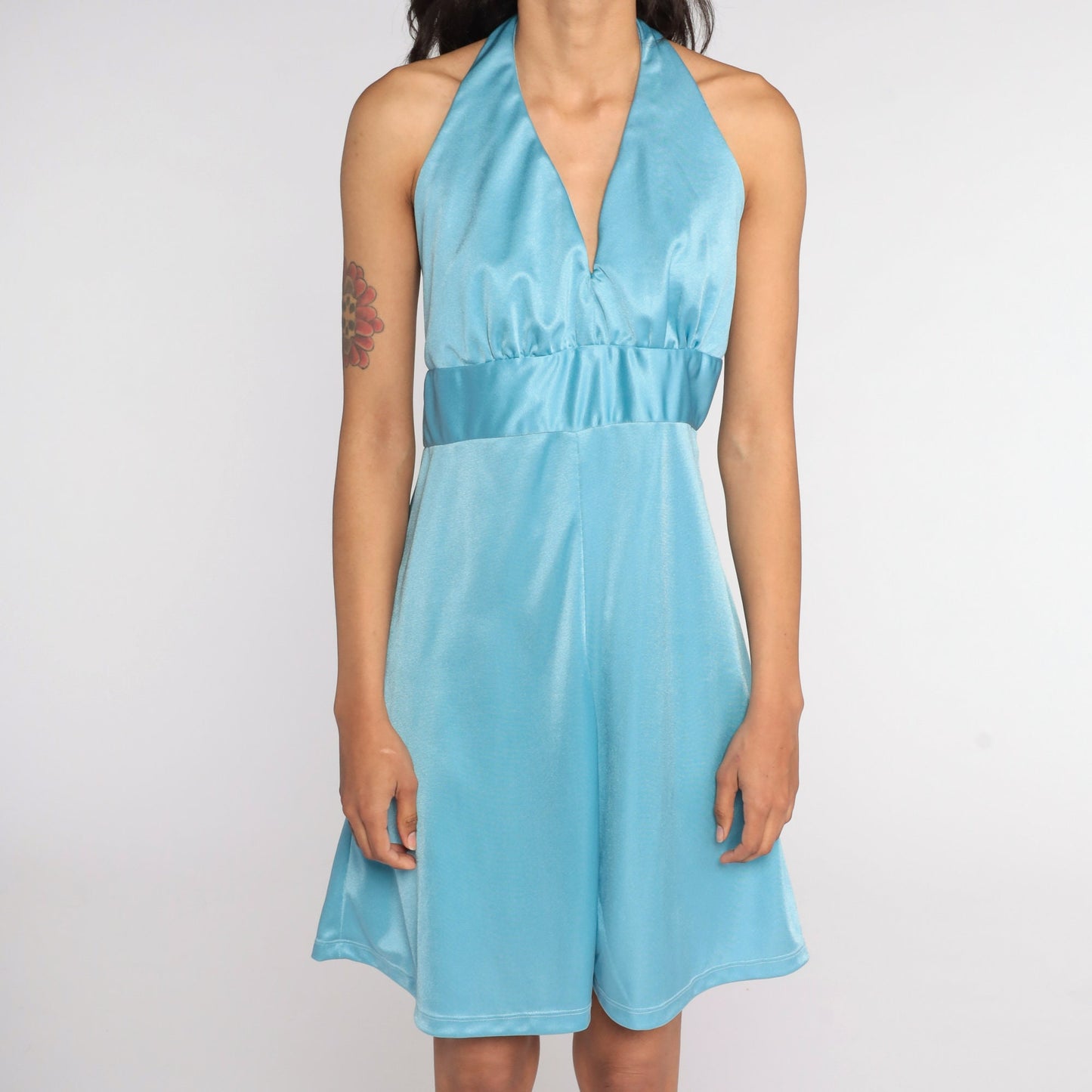 70s Halter Neck Mini Dress Baby Blue Empire Waist V-Neck Medium