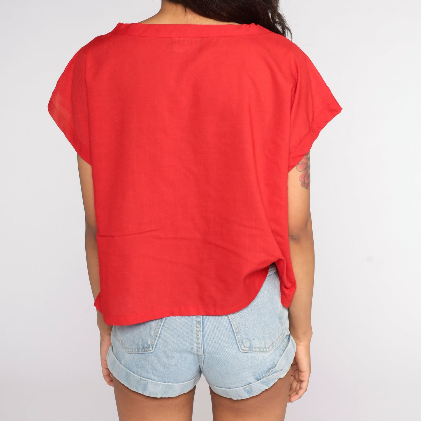 80s Red Embroidered Cutwork Blouse Short Sleeve Cutout Top Large L