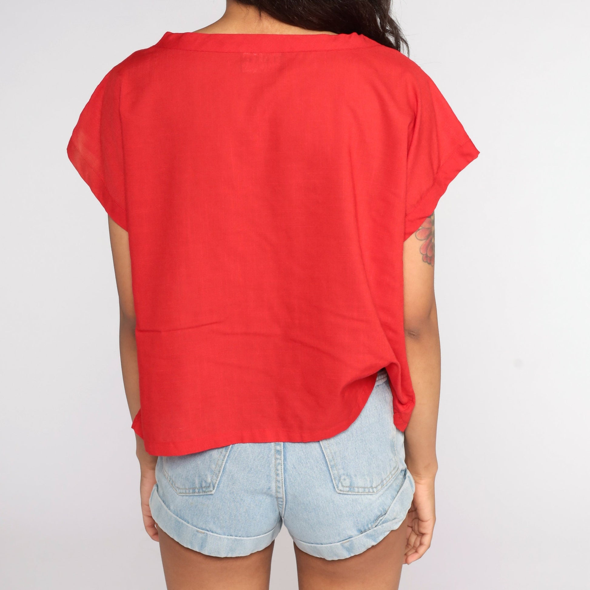 80s Red Embroidered Cutwork Blouse Short Sleeve Cutout Top Large L