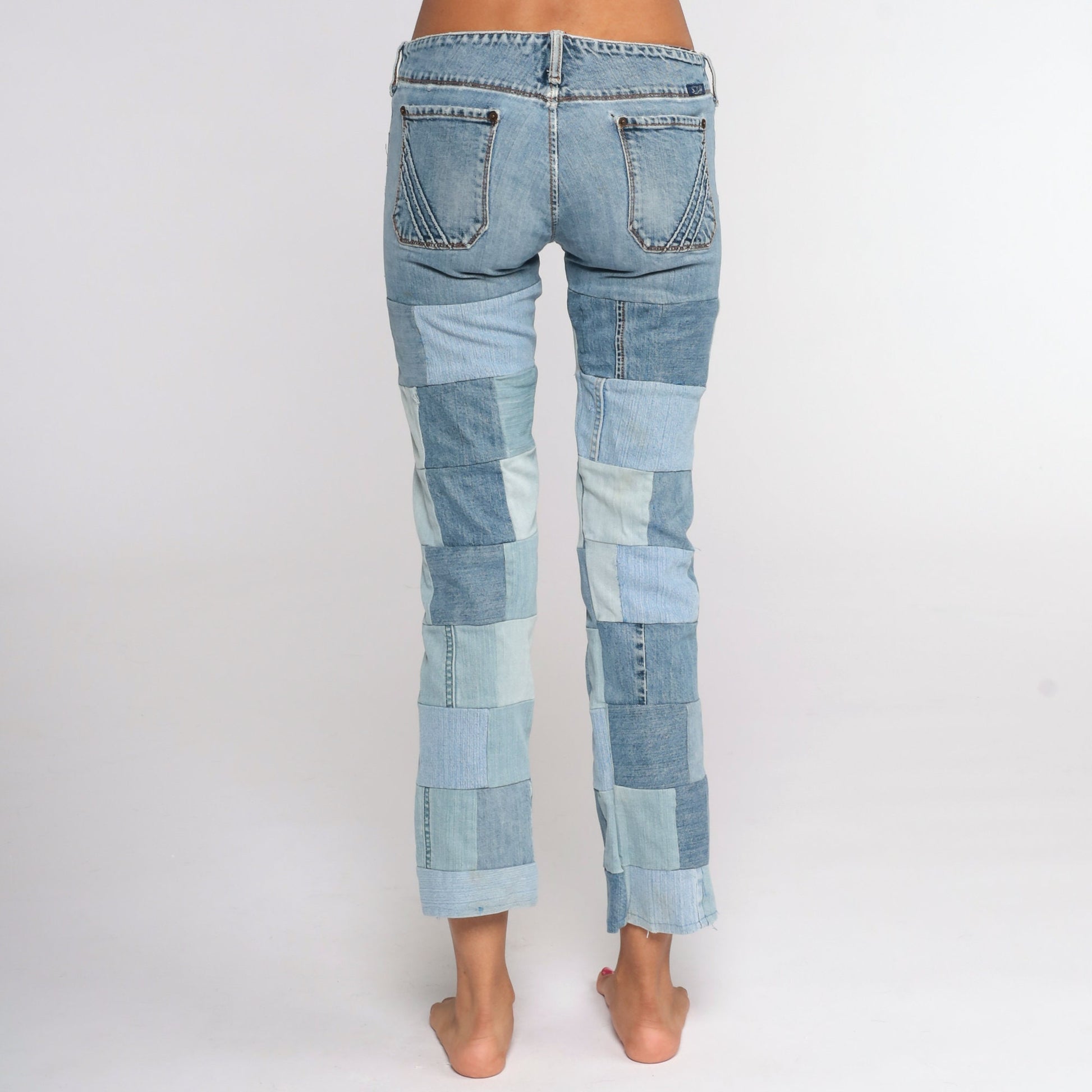 Y2K Silver Jeans Patchwork Denim Low Rise Straight Leg Extra Small XS
