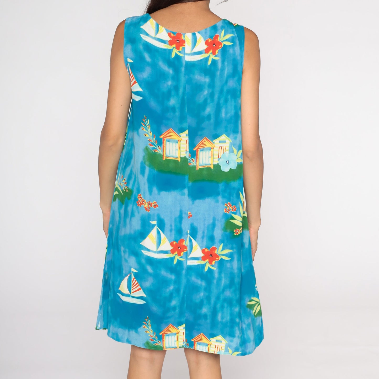 90s Sailboat Floral Mini Dress Sleeveless Shift Sundress Blue Medium