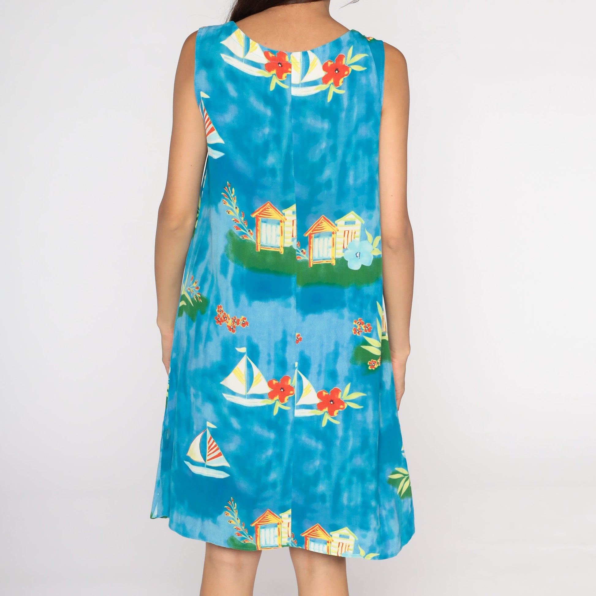 90s Sailboat Floral Mini Dress Sleeveless Shift Sundress Blue Medium