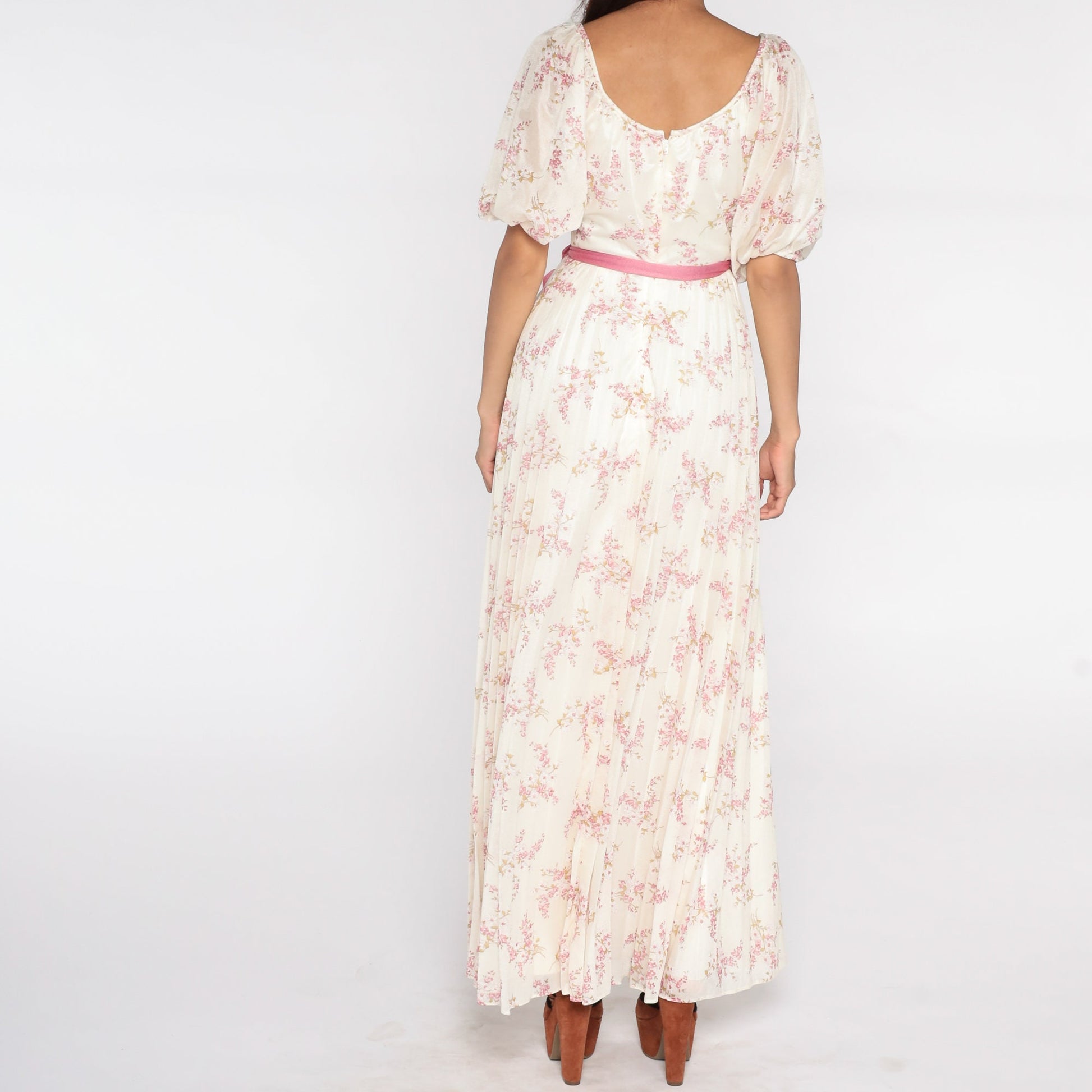 70s Floral Maxi Dress Off-White Pink High Waist Pleated Small
