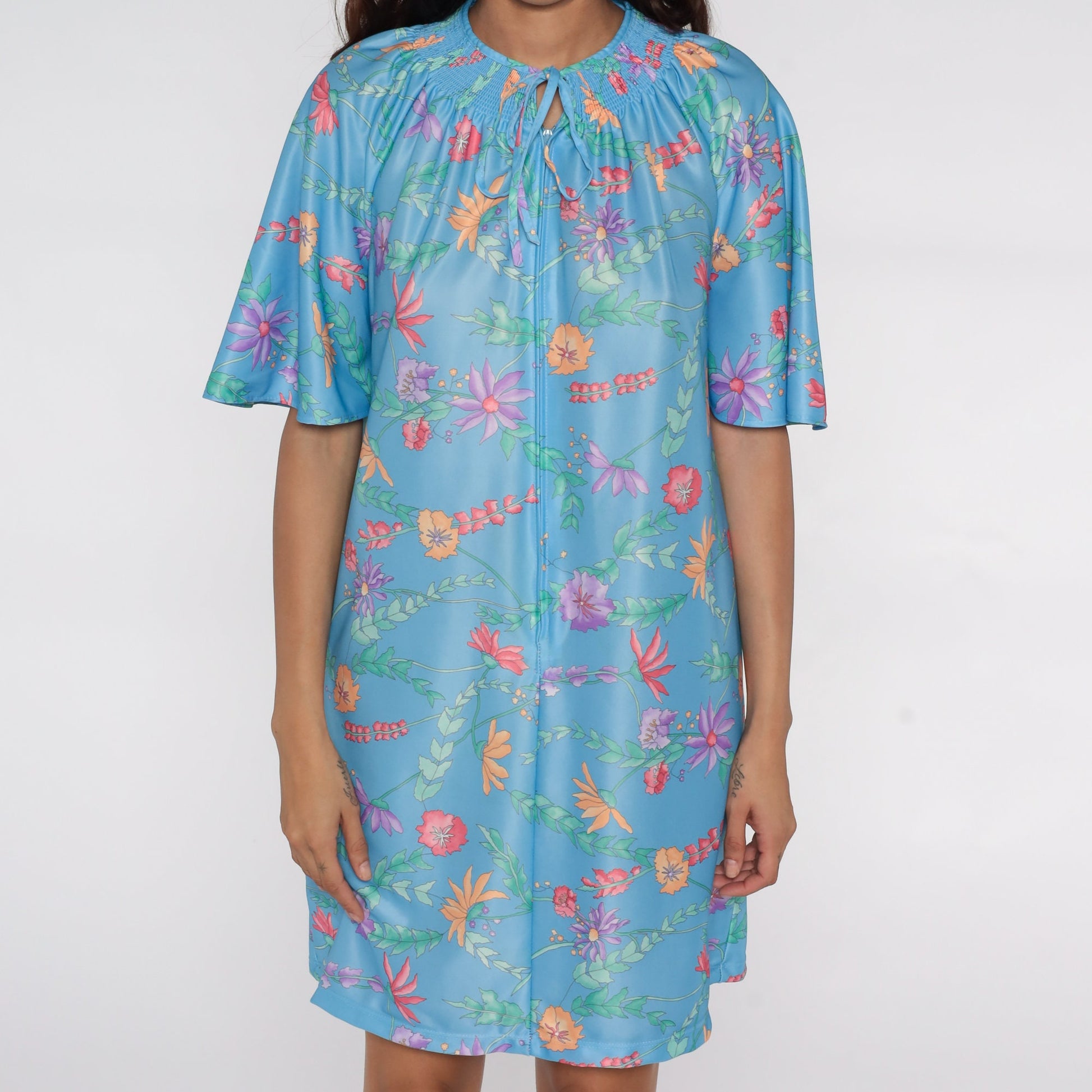 70s Blue Floral Mini Shift Dress Flutter Sleeve Front Zip Lounge Small
