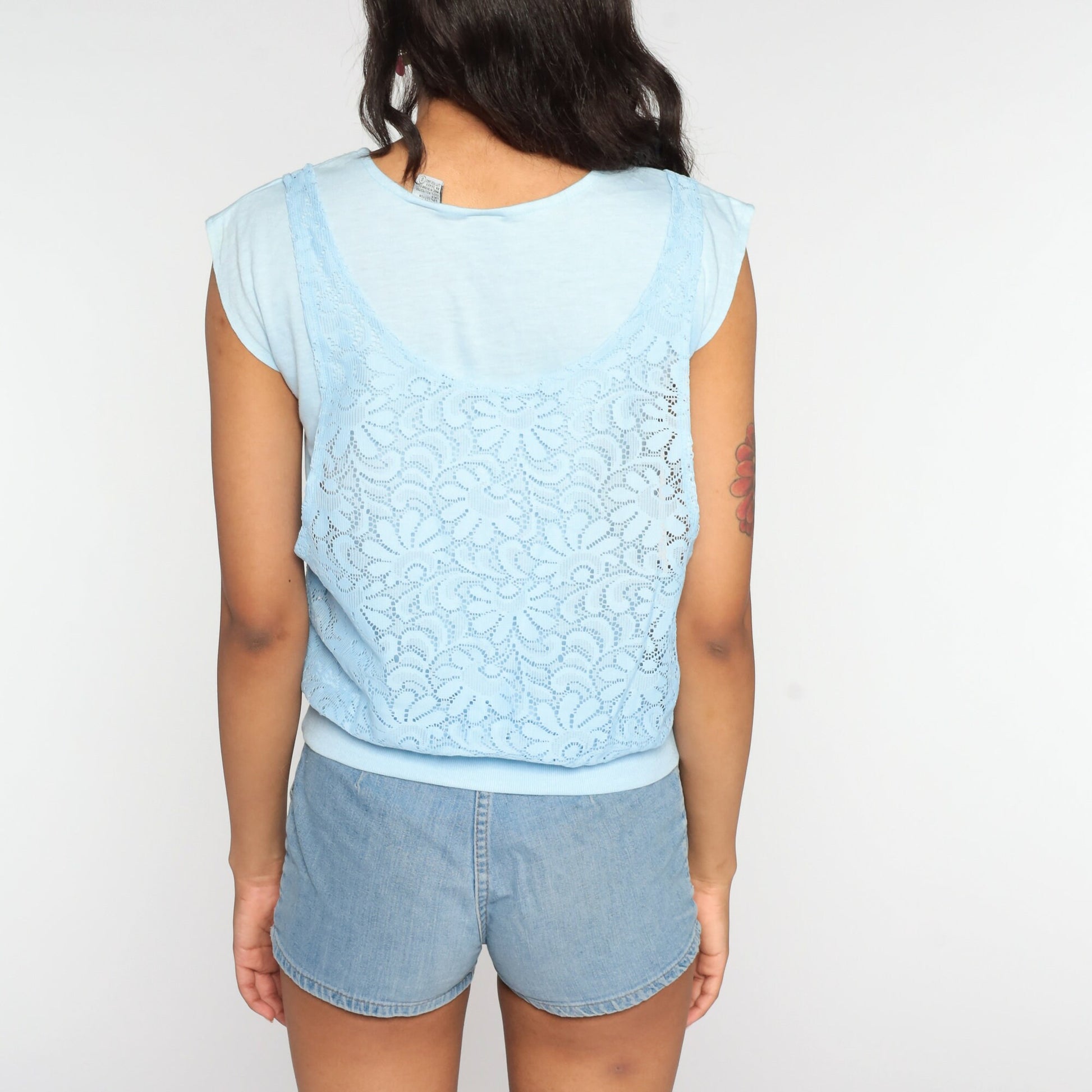 80s Baby Blue Lace Cap Sleeve Blouse with Attached Tank Small