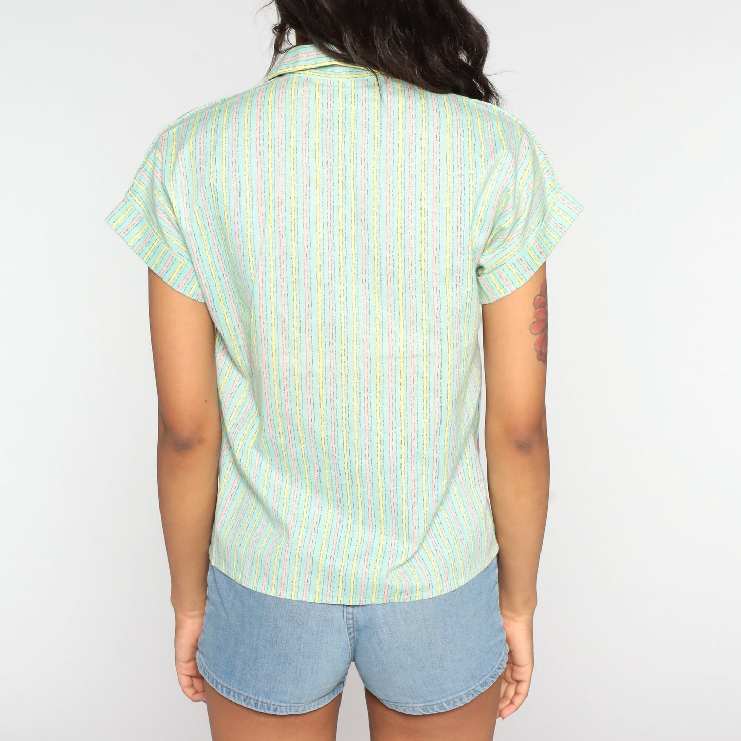 80s Green Striped Cotton Blend Button-Up Blouse Short Sleeve Small S