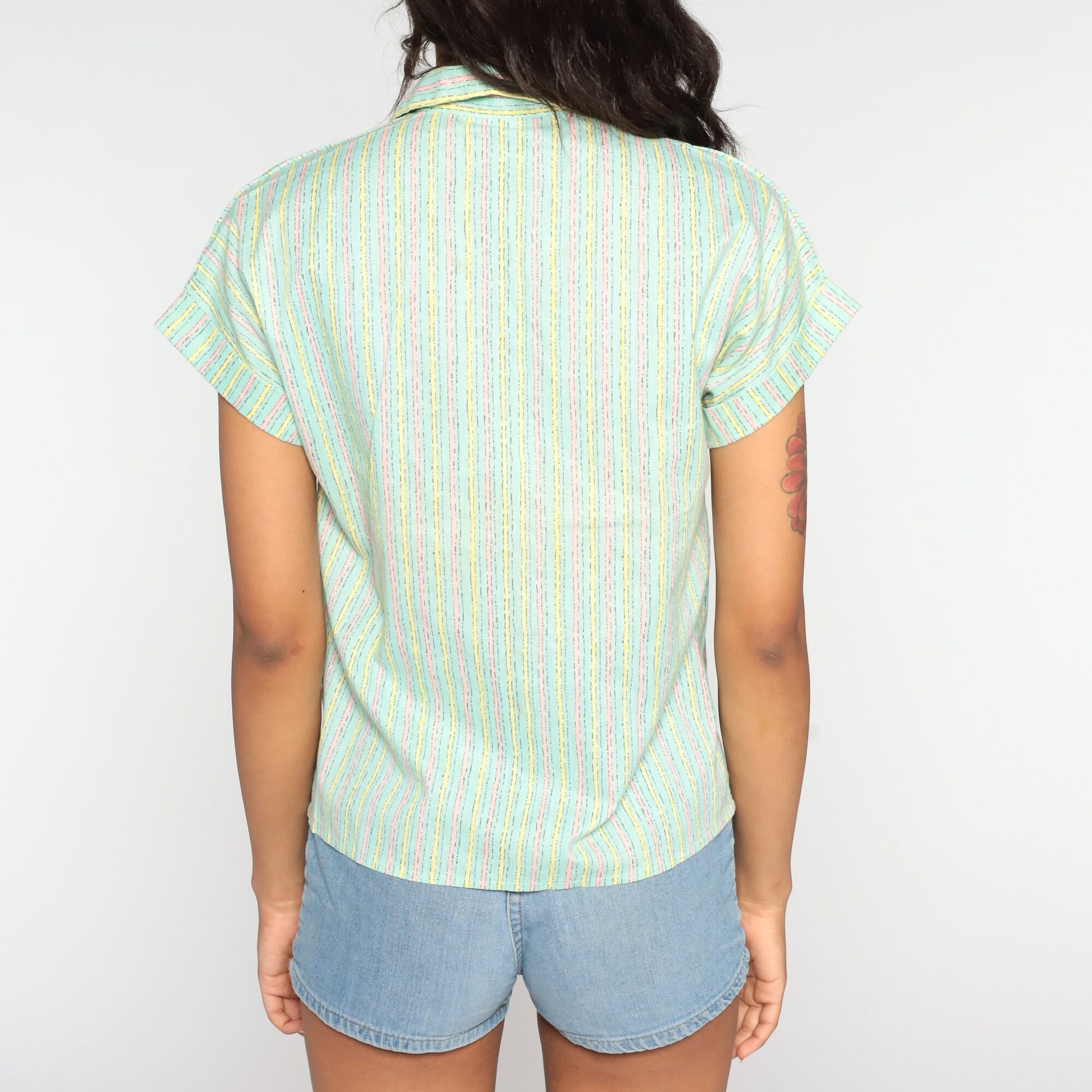 80s Green Striped Cotton Blend Button-Up Blouse Short Sleeve Small S