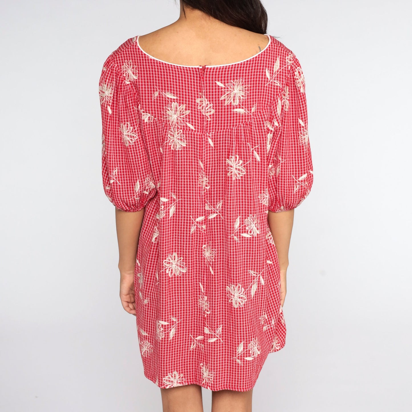 80s Red Checkered Floral Mini Dress Puff Sleeve Shift Cut Large