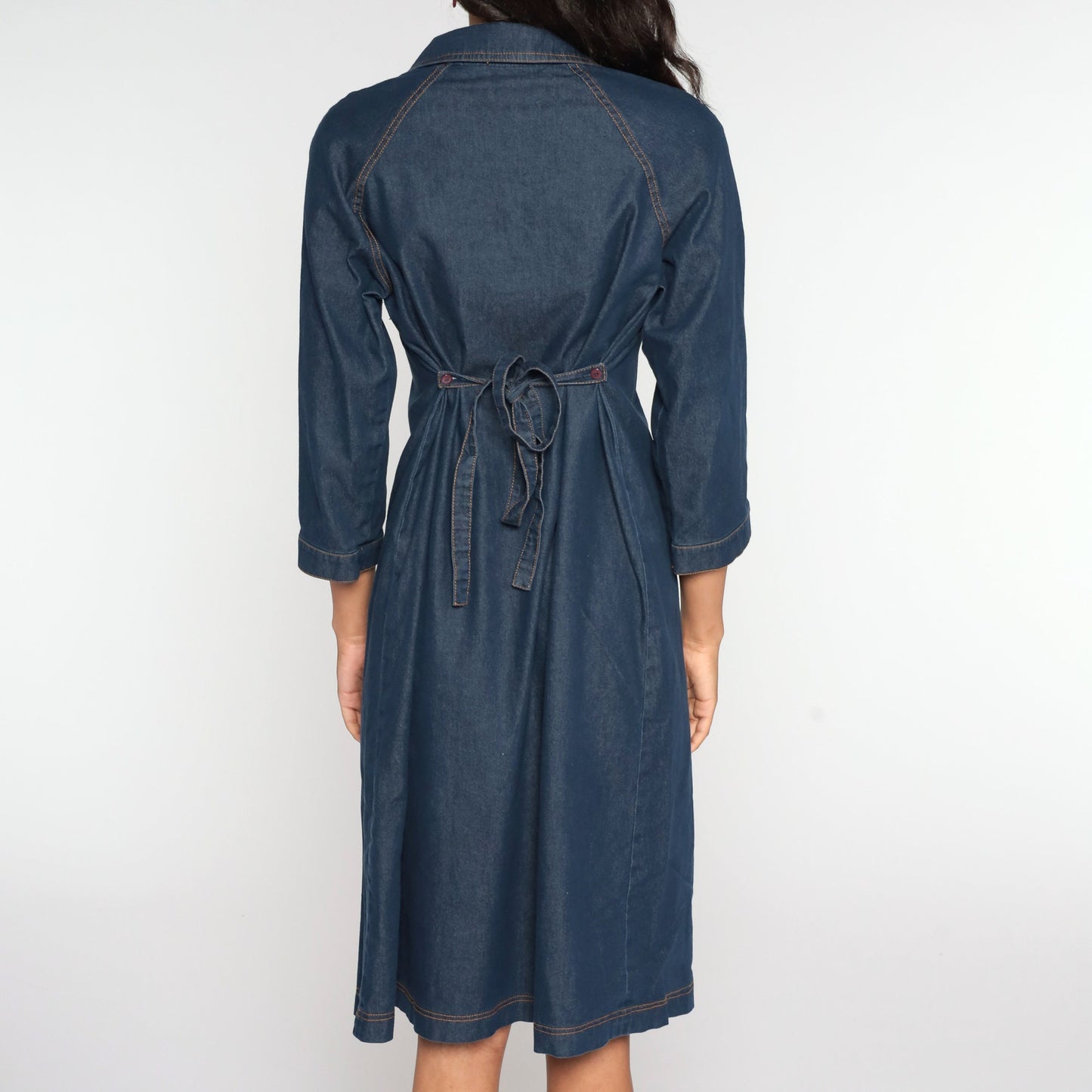 90s Blue Denim Midi Dress Lace-Up Neckline Shift Cut Medium